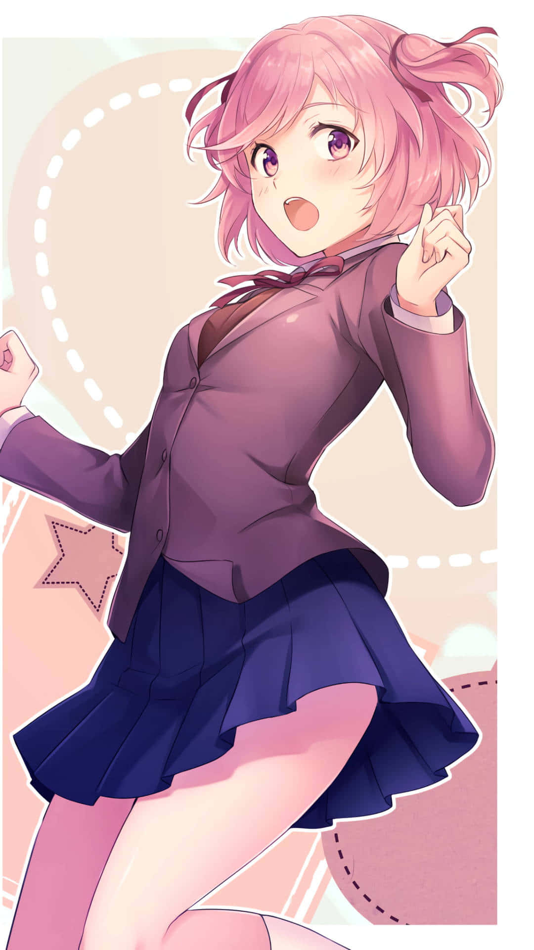 Doki Doki 桌布 壁紙 — 一個開朗的動漫女孩，粉紅色頭髮和紫色眼睛，穿著校服，在柔和的粉彩背景前擺出俏皮的姿勢。