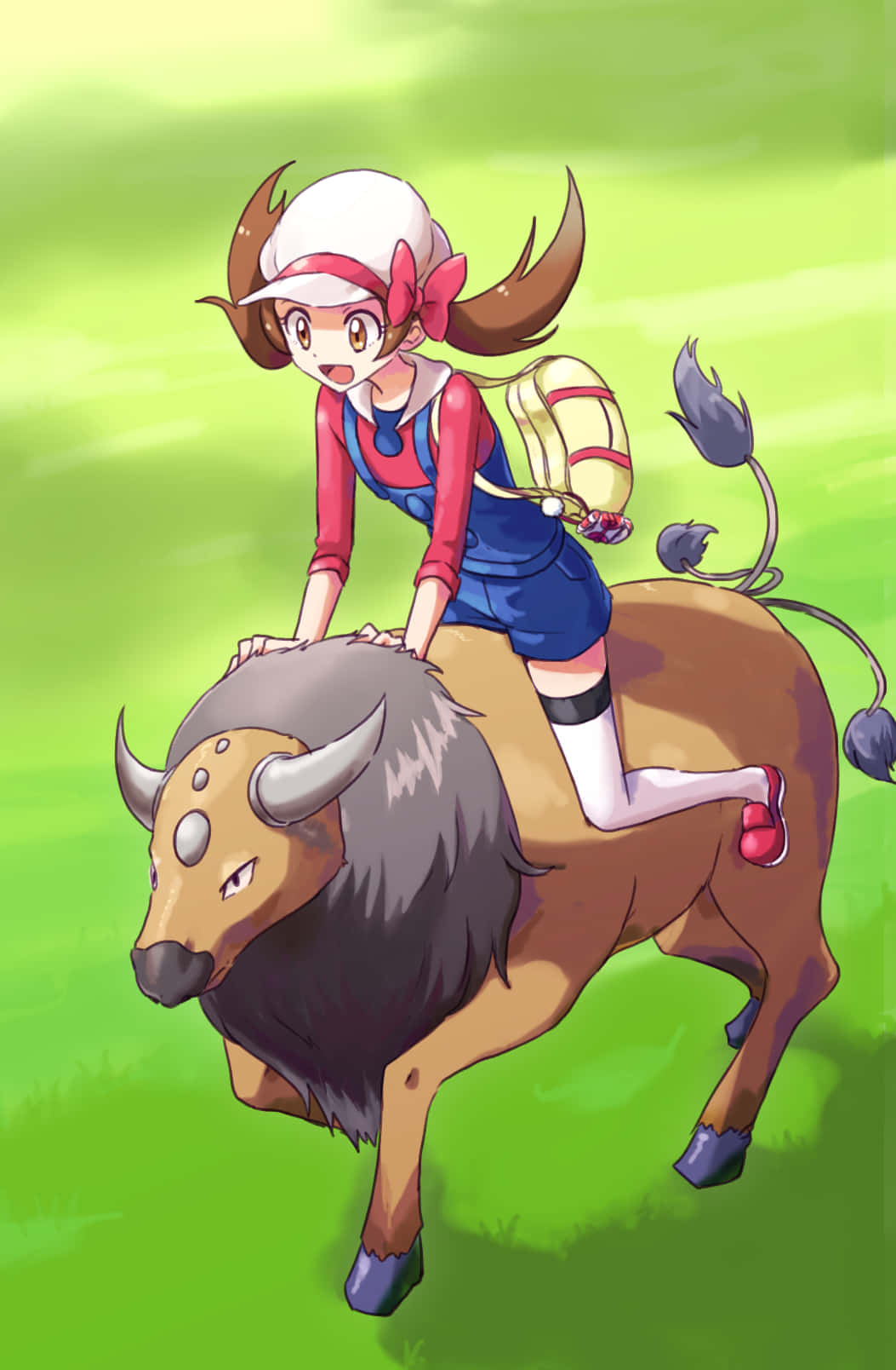藝術 桌布 壁紙 — 一個開朗的動漫女孩，綁著棕色雙馬尾，騎著一頭有灰色鬃毛和角的棕色公牛，奔馳在充滿活力的綠色田野上。