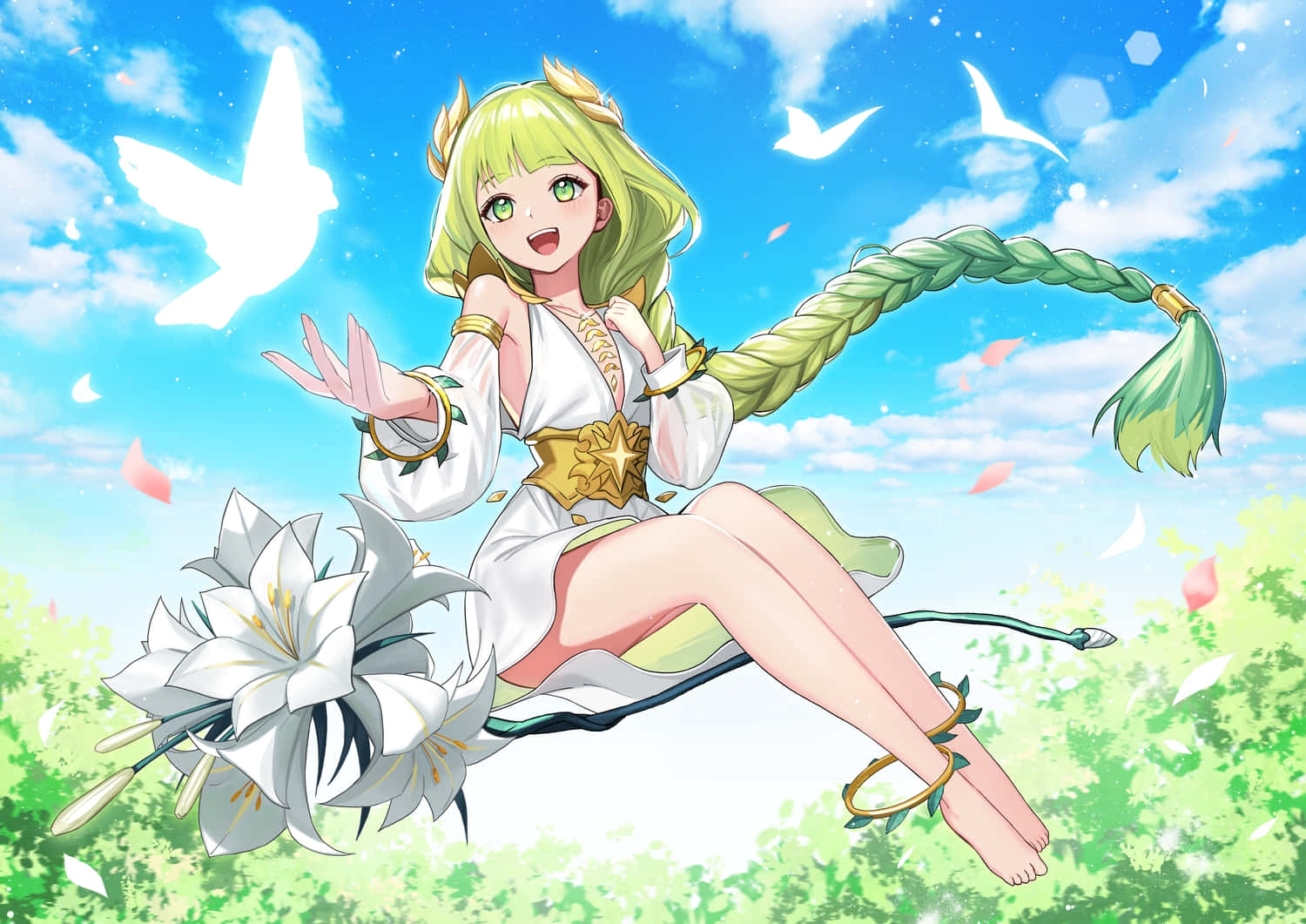 美學 桌布 壁紙 — 一個開朗的動漫女孩，綠色長髮編成辮子，坐在百合花枝上，背景是明亮的藍天，白鴿在她周圍飛翔。