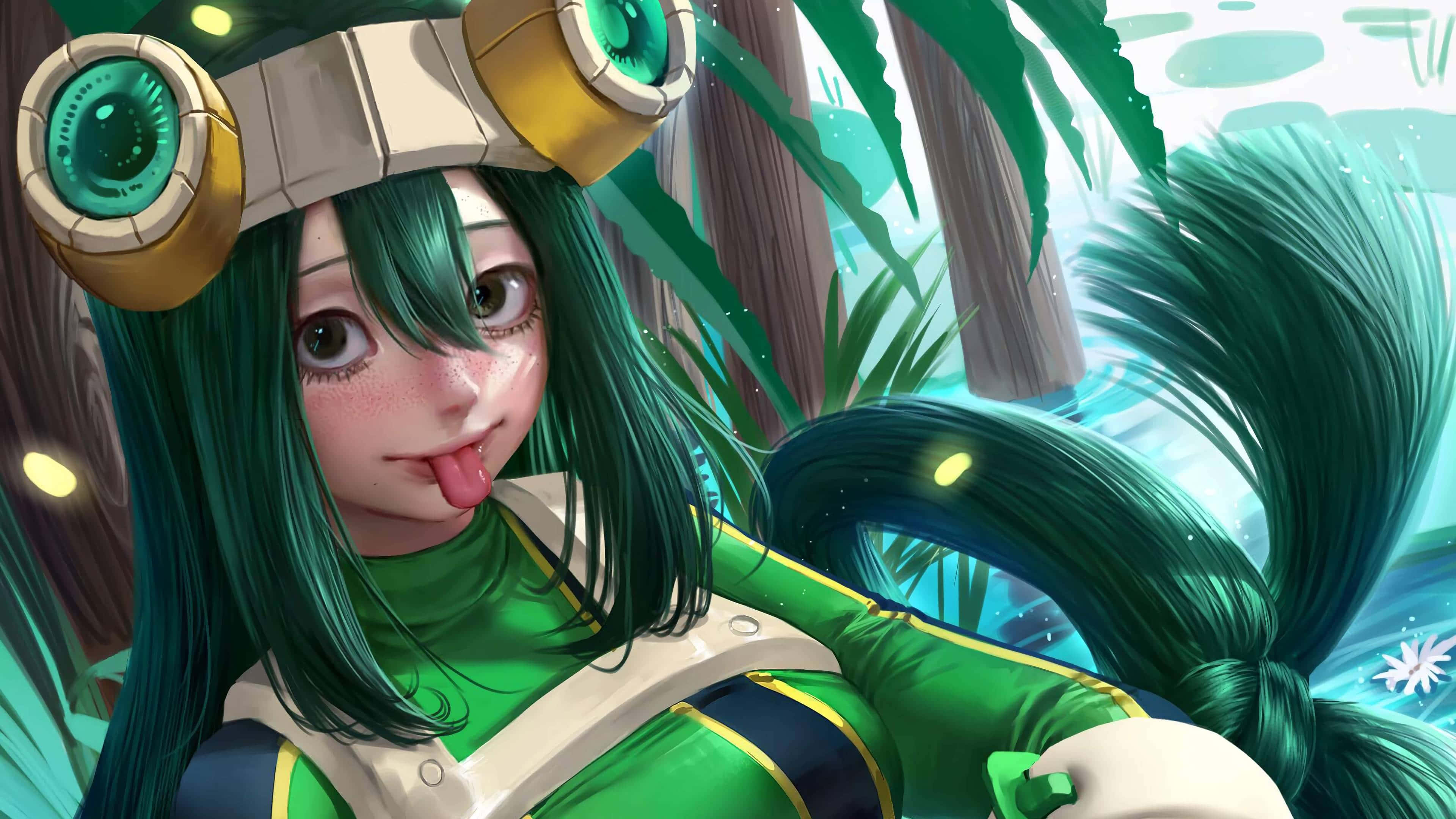 Froppy 桌布 壁紙 — 一個開朗的動漫女孩，綠色頭髮和護目鏡，在叢林中伸出舌頭。