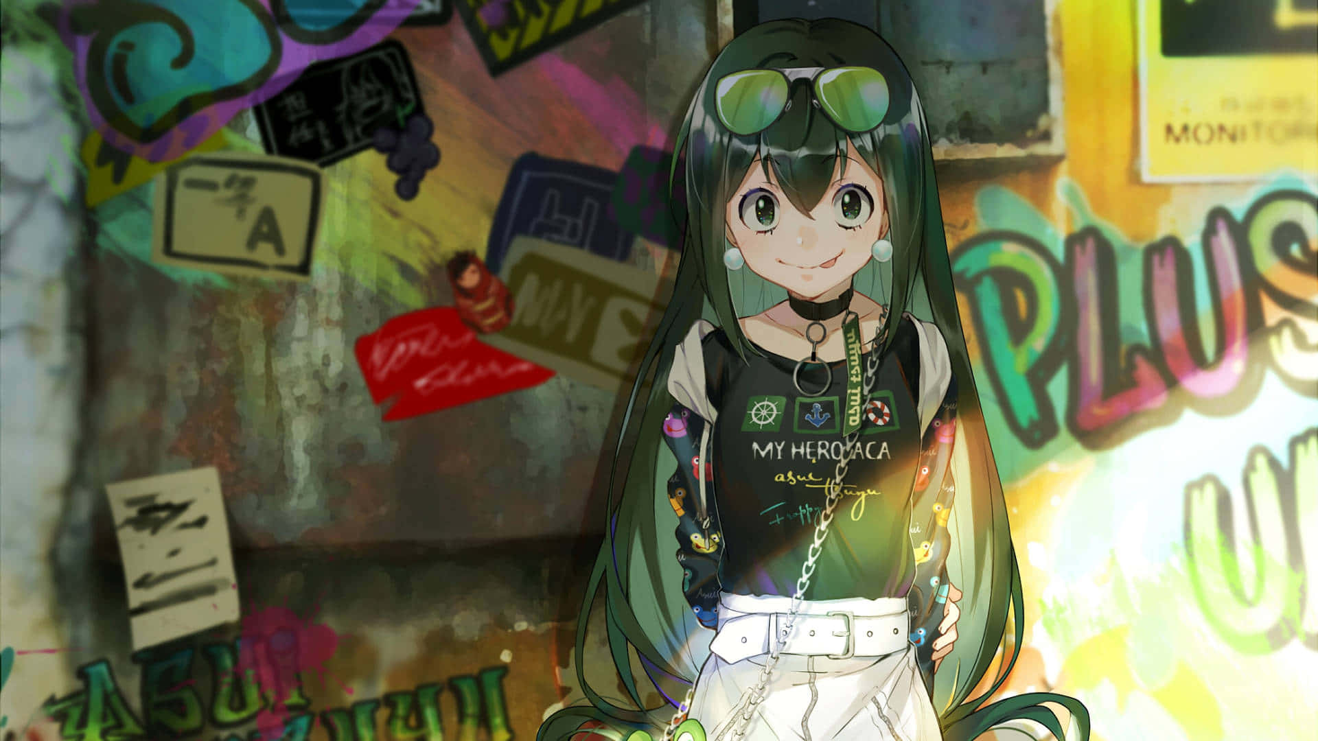 Froppy 桌布 壁紙 — 一個開朗的動漫女孩，綠色頭髮戴著太陽眼鏡，在充滿塗鴉的活力城市牆前微笑。