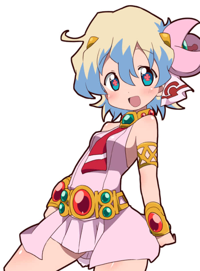 Nia Teppelin 桌布 壁紙 — 一個開朗的動漫女孩，藍色和金色頭髮，穿著粉紅色服裝，飾有紅色和綠色寶石。