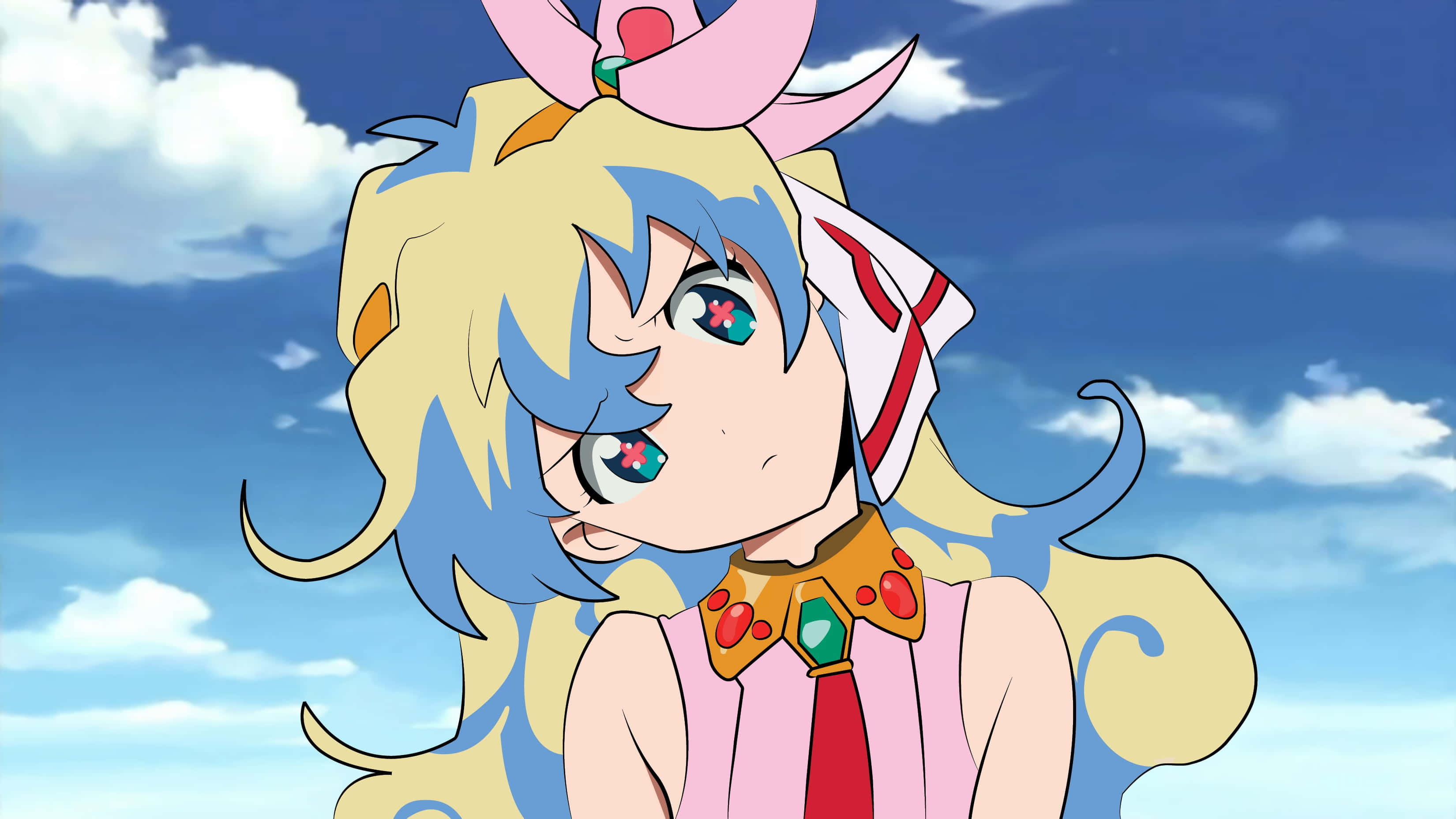 Nia Teppelin 桌布 壁紙 — 一個開朗的動漫女孩，藍黃色頭髮，戴著粉紅色蝴蝶結，仰望藍天白雲。