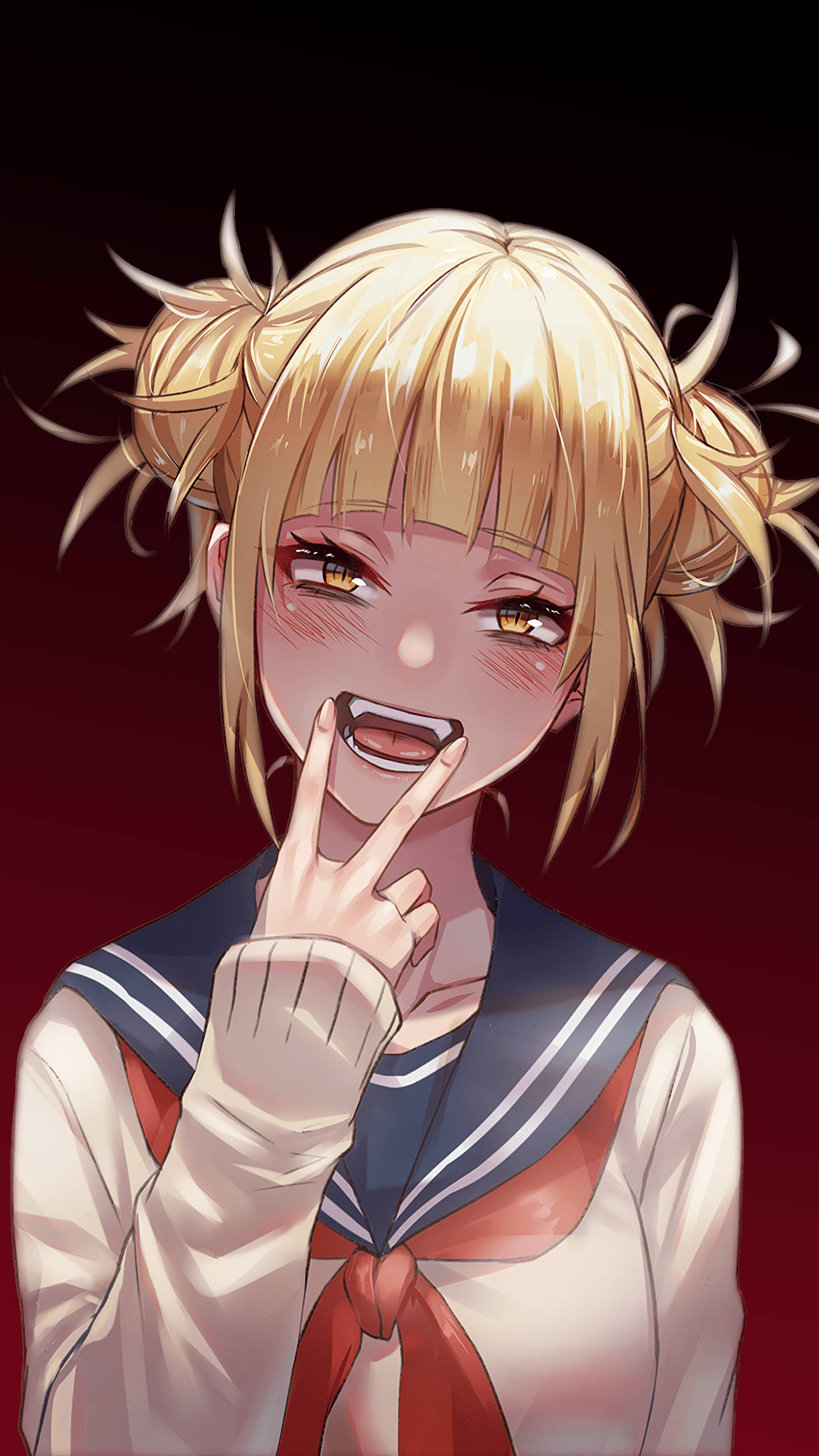 Toga 桌布 壁紙 — 一個開朗的動漫女孩，金色雙馬尾和金色眼睛，穿著水手服，在深紅色背景前眨眼並做出和平手勢。