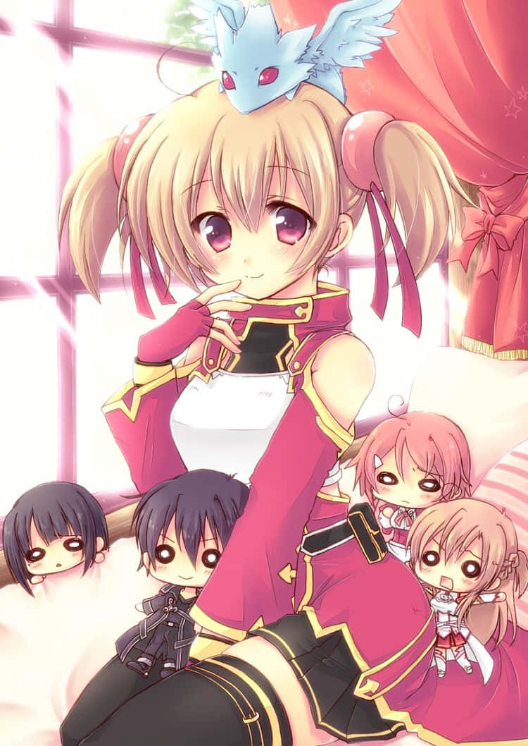 Sword Art Online Silica 桌布 壁紙 — 一個開朗的動漫女孩，金色雙馬尾和藍色龍頭飾，坐在明亮的房間裡，周圍環繞著較小的Q版角色。