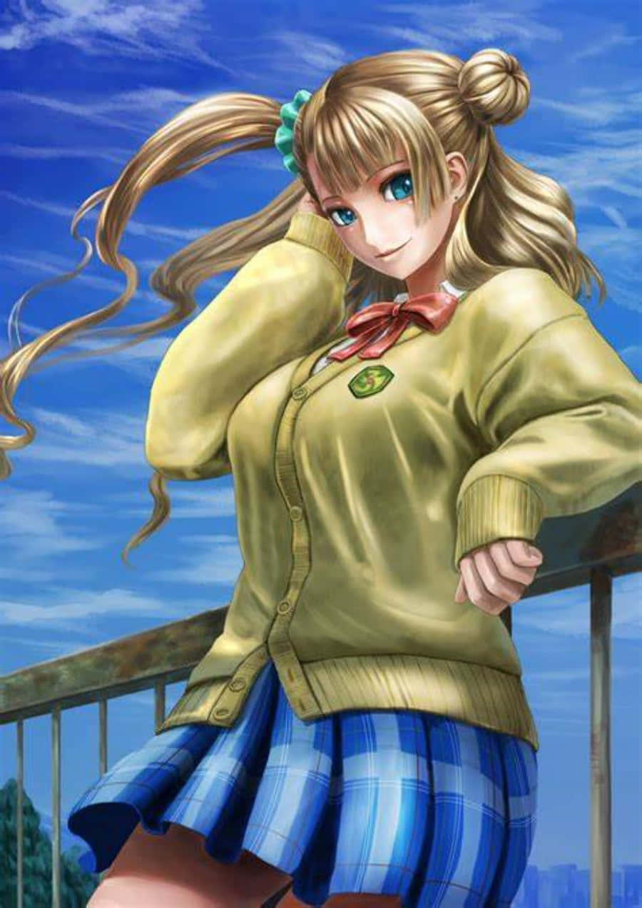 Gyaru 桌布 壁紙 — 一個開朗的動漫女孩，金色雙馬尾辮和藍色眼睛，靠在欄杆上，背景是明亮的藍天。