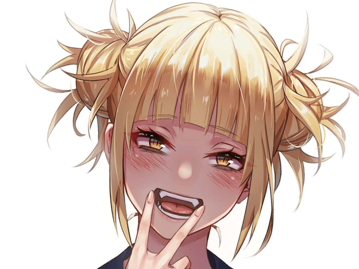 Toga 桌布 壁紙 — 一個開朗的動漫女孩，金色雙馬尾辮和金色眼睛，咧嘴笑著用手指比出和平手勢。