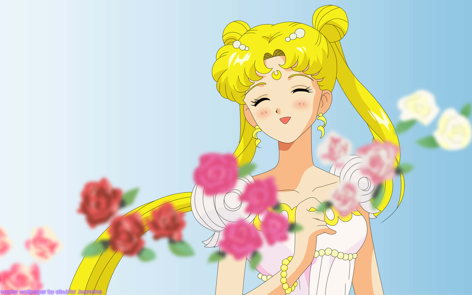 金色頭髮、白色連衣裙的動漫女孩在飄浮的玫瑰中微笑。 — 美少女戰士 GIF 壁紙