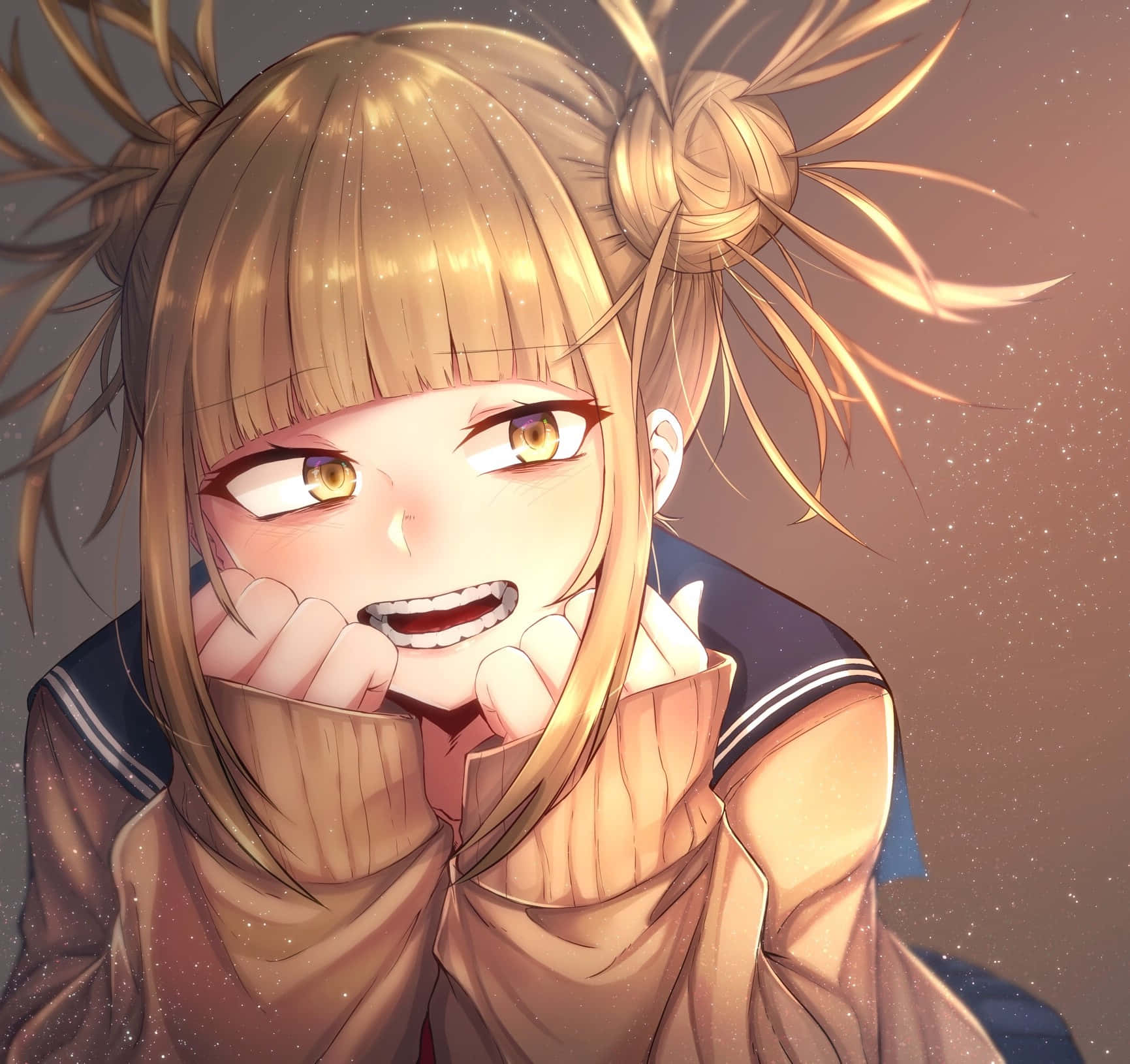 Himiko Toga Aesthetic 桌布 壁紙 — 一個開朗的動漫女孩，金色頭髮紮成雙丸子頭，在繁星點點的暮色天空背景下，拳頭托著下巴，露出燦爛的笑容。