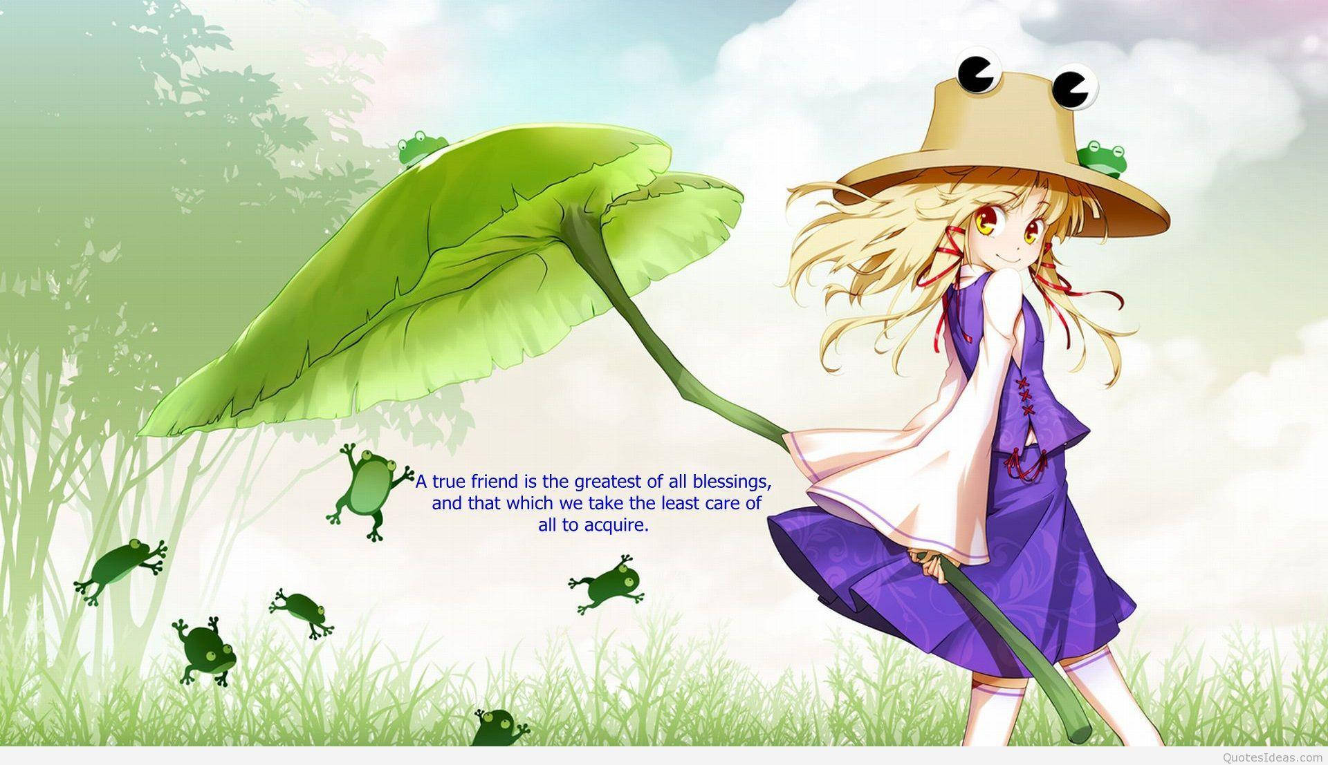 Best Friend Quotes 桌布 壁紙 — 一個開朗的動漫女孩，金髮，戴著青蛙帽，拿著一把巨大的綠色葉傘，青蛙在她周圍的陽光草地上跳來跳去。