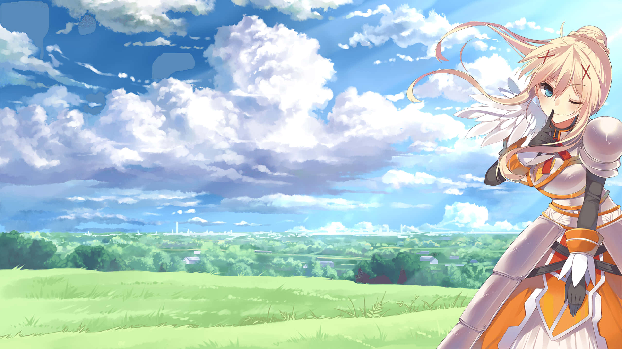 Konosuba 桌布 壁紙 — 一個開朗的動漫女孩，金髮，穿著盔甲，站在長滿草的山丘上，天空湛藍，白雲朵朵。
