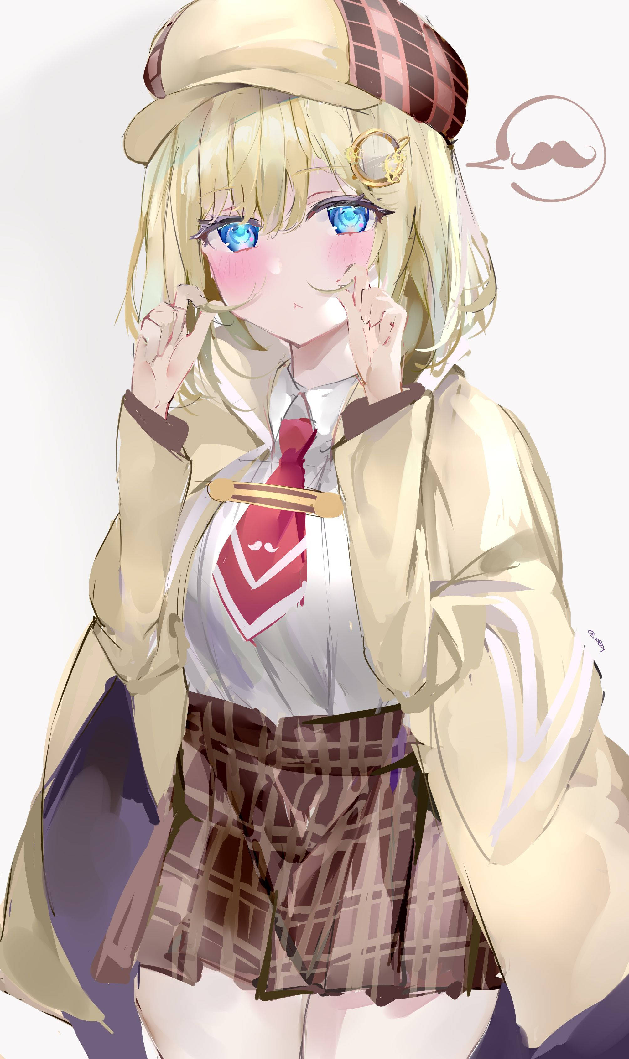 Amelia 桌布 壁紙 — 一個開朗的動漫女孩，金髮藍眼，穿著校服和帽子，頑皮地將手指放在嘴唇上。