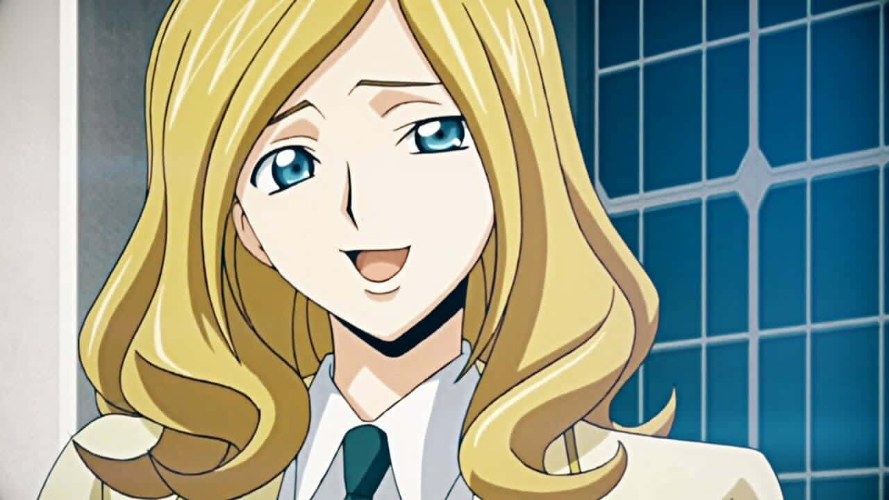 Milly Ashford 桌布 壁紙 — 一個開朗的動漫女孩，金髮藍眼，穿著校服，在藍色磁磚牆前溫暖地微笑。