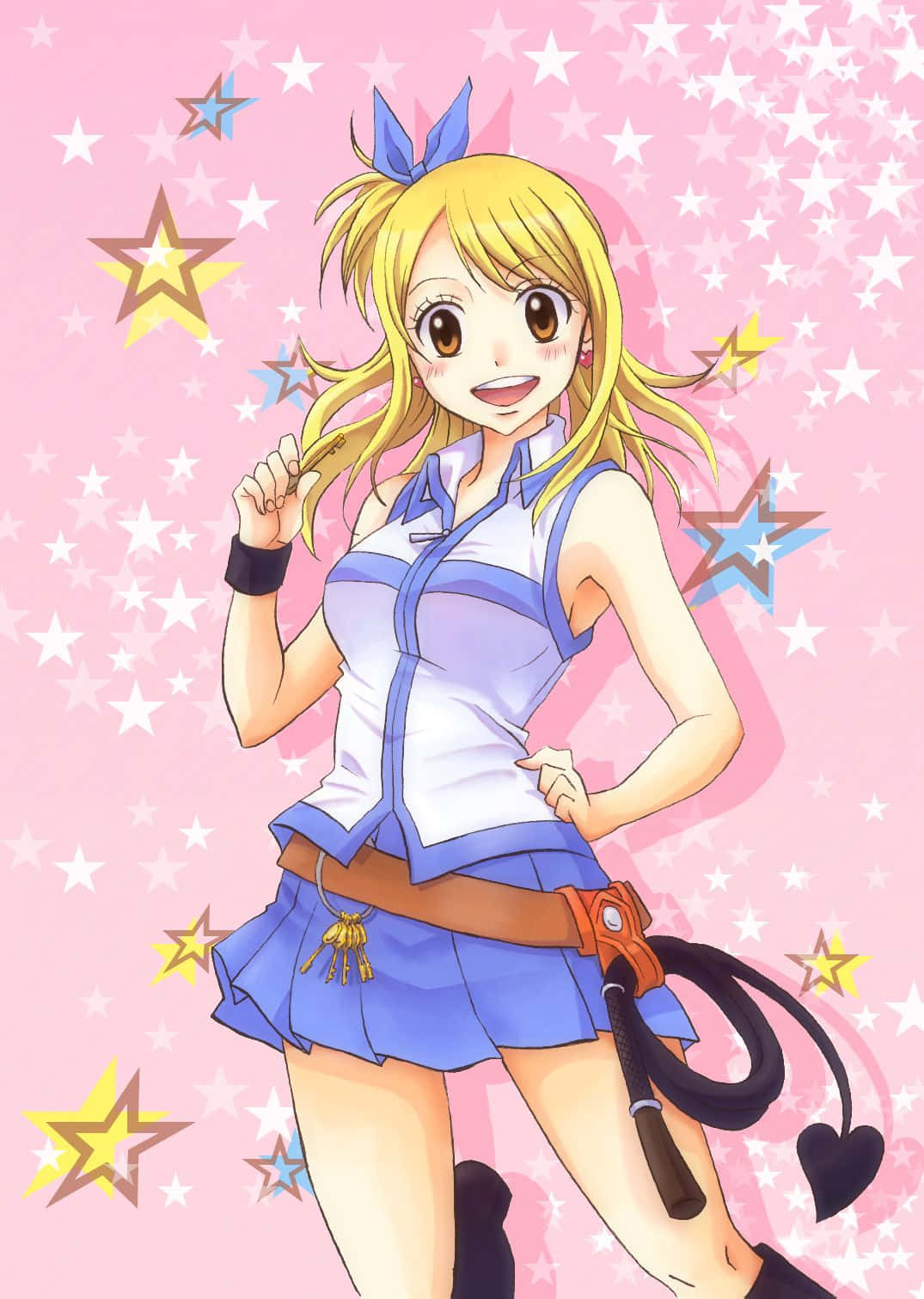 lucy heartfilia 桌布 壁紙 — 一個開朗的動漫女孩，金髮藍色蝴蝶結，自信地站在粉紅色星空背景前。