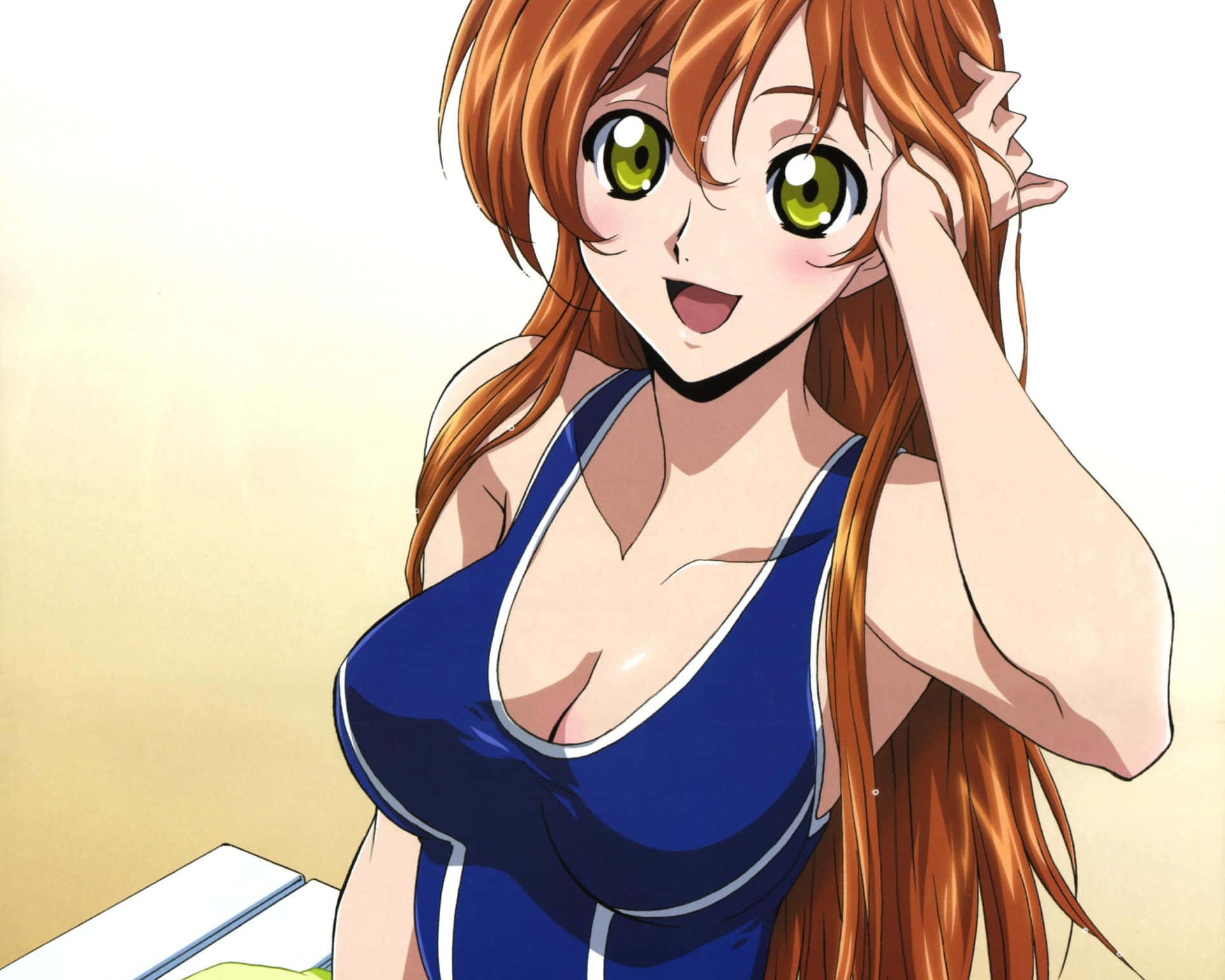 Shirley Fenette 桌布 壁紙 — 一個開朗的動漫女孩，長著橙色長髮和綠色眼睛，穿著藍色泳衣微笑著摸頭。