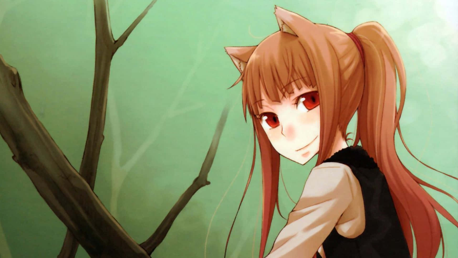 Spice And Wolf 桌布 壁紙 — 一個開朗的動漫女孩，長著狐狸耳朵和紅色眼睛，在柔和的綠色森林中從樹枝後面探出頭來。