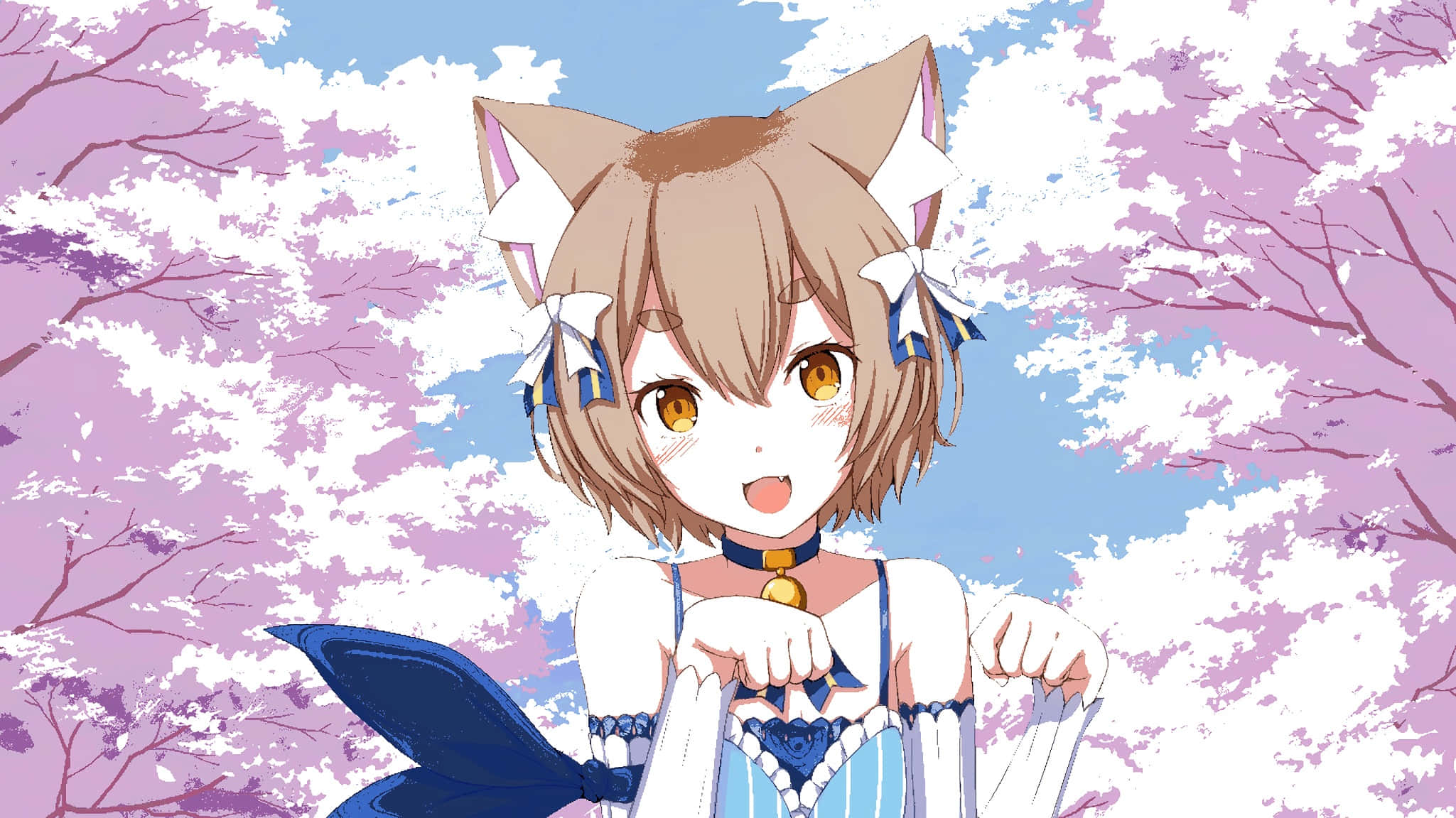 Felix Argyle 桌布 壁紙 — 一個開朗的動漫女孩，長著狐狸耳朵，戴著藍色蝴蝶結，在盛開的粉紅色櫻花樹下微笑站立。