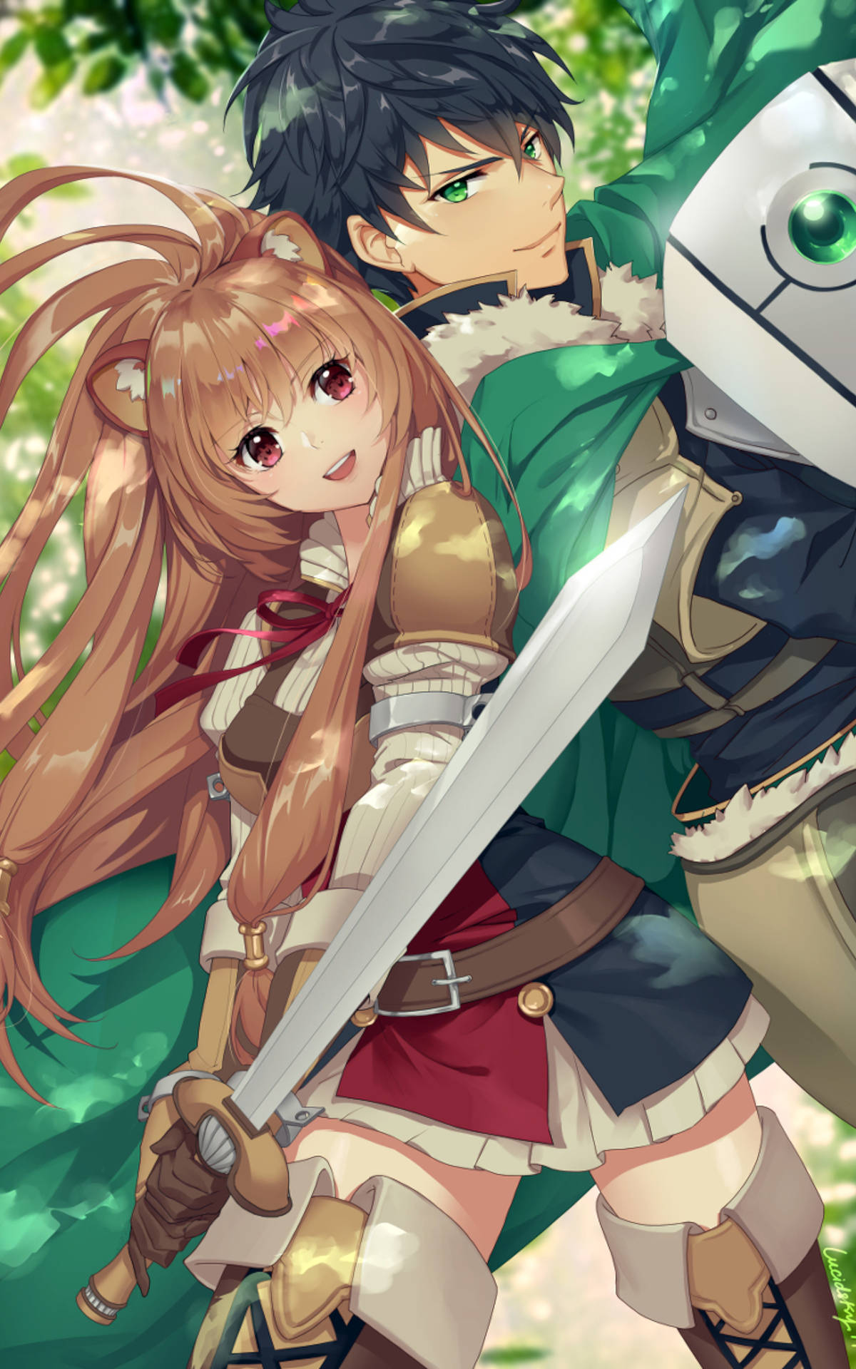 Raphtalia 桌布 壁紙 — 一個開朗的動漫女孩，長長棕色頭髮和貓耳，在明亮的樹葉下與一個綠眼盔甲男孩並肩揮劍。