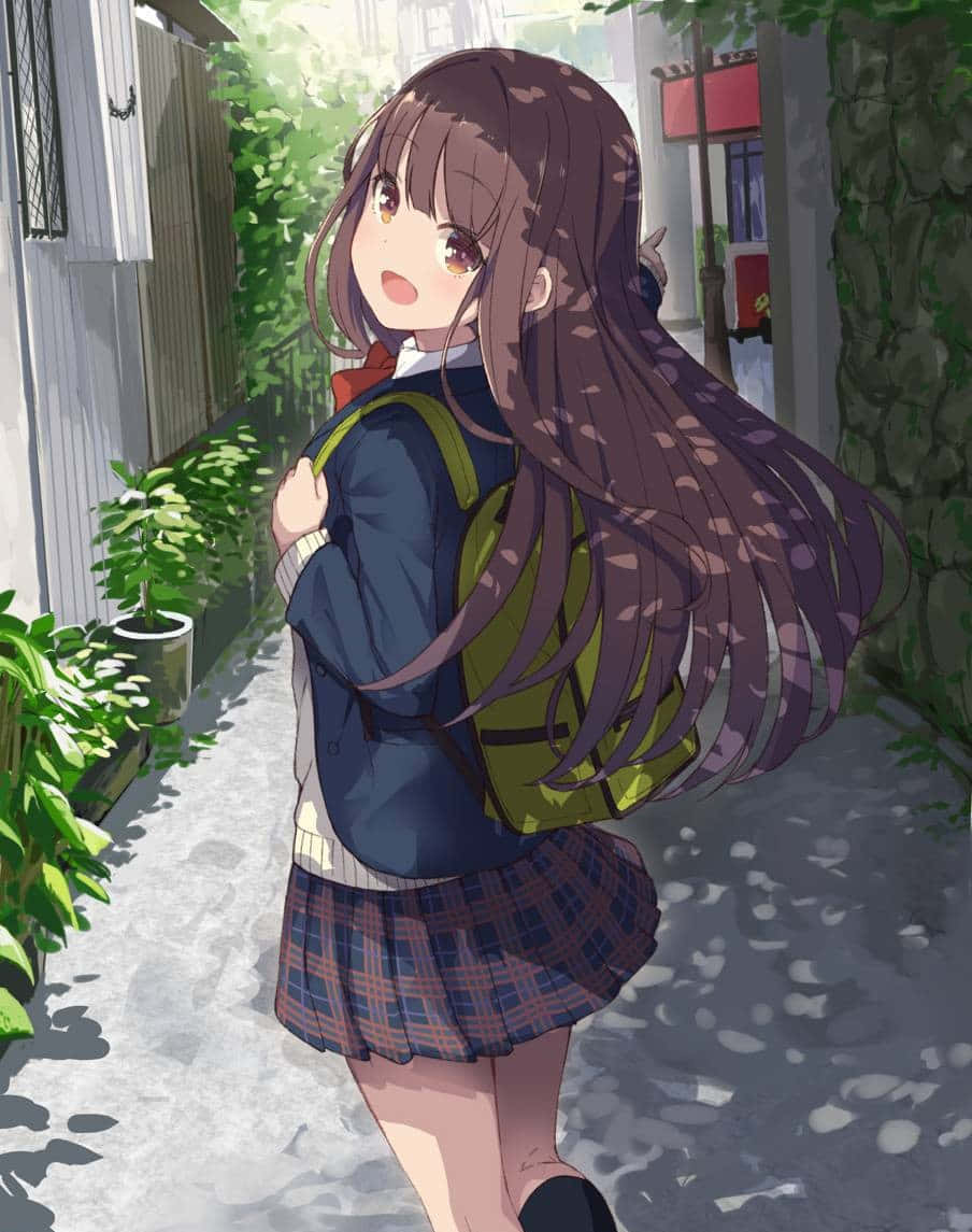 動漫女孩 桌布 壁紙 — 一個開朗的動漫女孩，長長的棕色頭髮和綠色背包，走在陽光普照的花園小巷中。