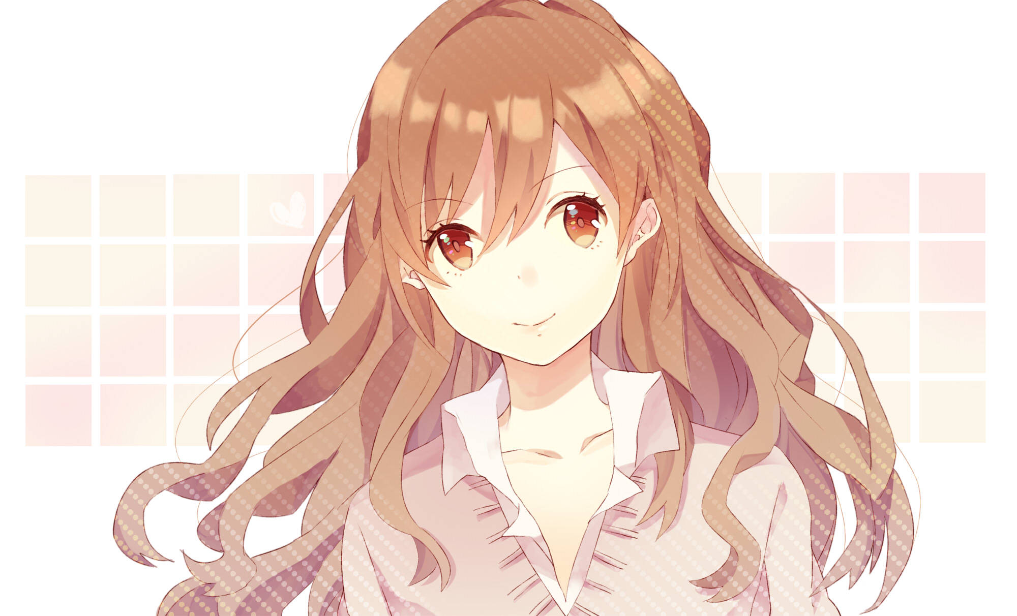 堀與宮村 桌布 壁紙 — 一個開朗的動漫女孩，長長的棕色頭髮和溫暖的眼睛，在柔和的粉彩網格背景上溫柔地微笑。