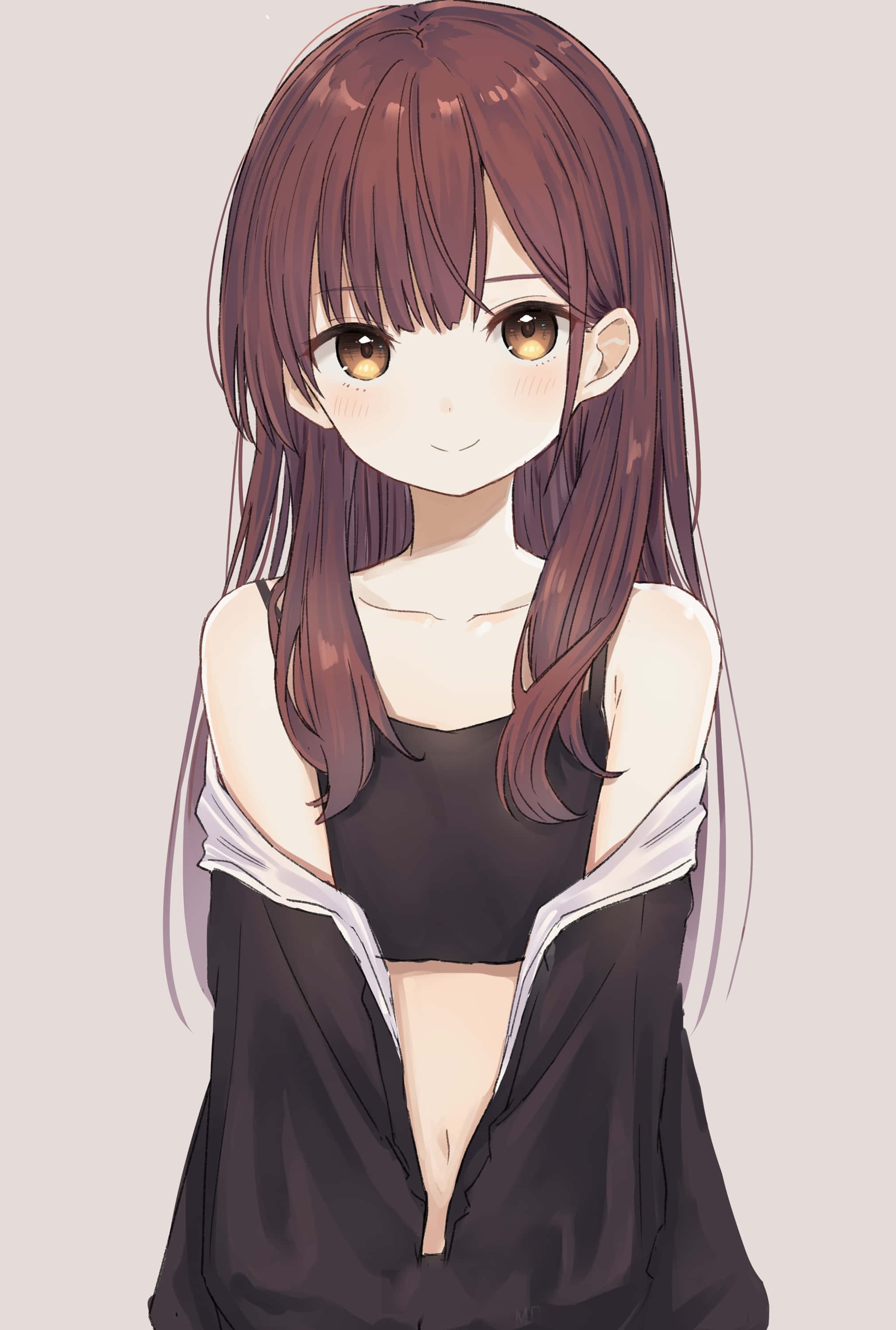動漫女孩 桌布 壁紙 — 一個開朗的動漫女孩，長長的棕色頭髮和溫暖的眼睛，穿著黑色連帽衫配短上衣，溫柔地微笑。