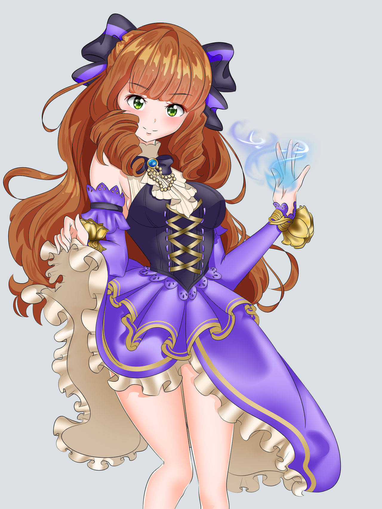 Guinevere 桌布 壁紙 — 一個開朗的動漫女孩，長長的棕色頭髮和綠色眼睛，穿著紫色和金色的維多利亞風格連衣裙，同時施展發光的藍色咒語。