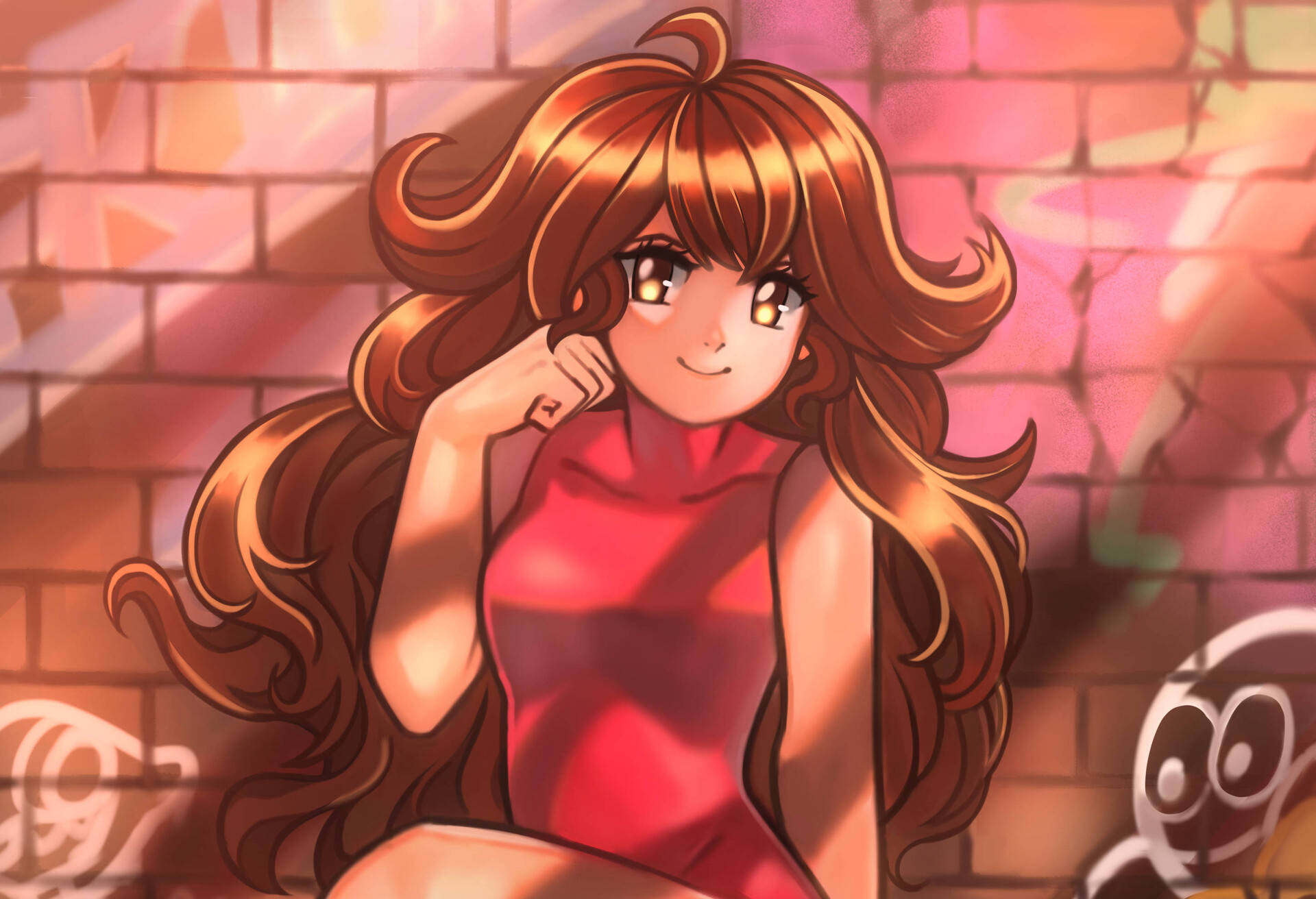 棕色頭髮、穿著紅色連衣裙的動漫女孩在帶有塗鴉的磚牆前微笑。 — Fnf 動圖 壁紙