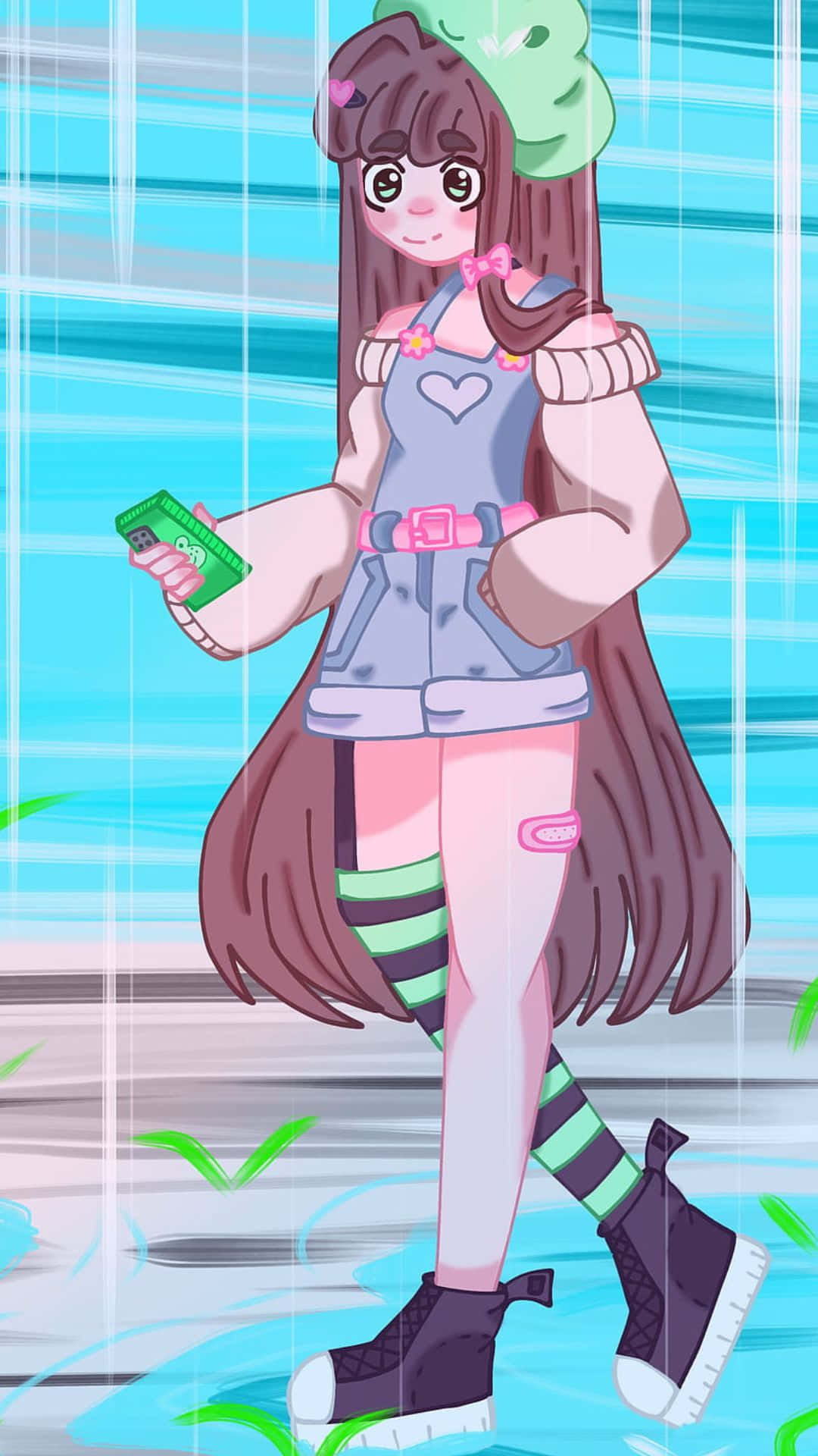Kawaii Art 桌布 壁紙 — 一個開朗的動漫女孩，長長的棕色頭髮，戴著綠色葉帽，站在淺水中，拿著一個綠色盒子，背景是明亮的藍天，有光線劃過。