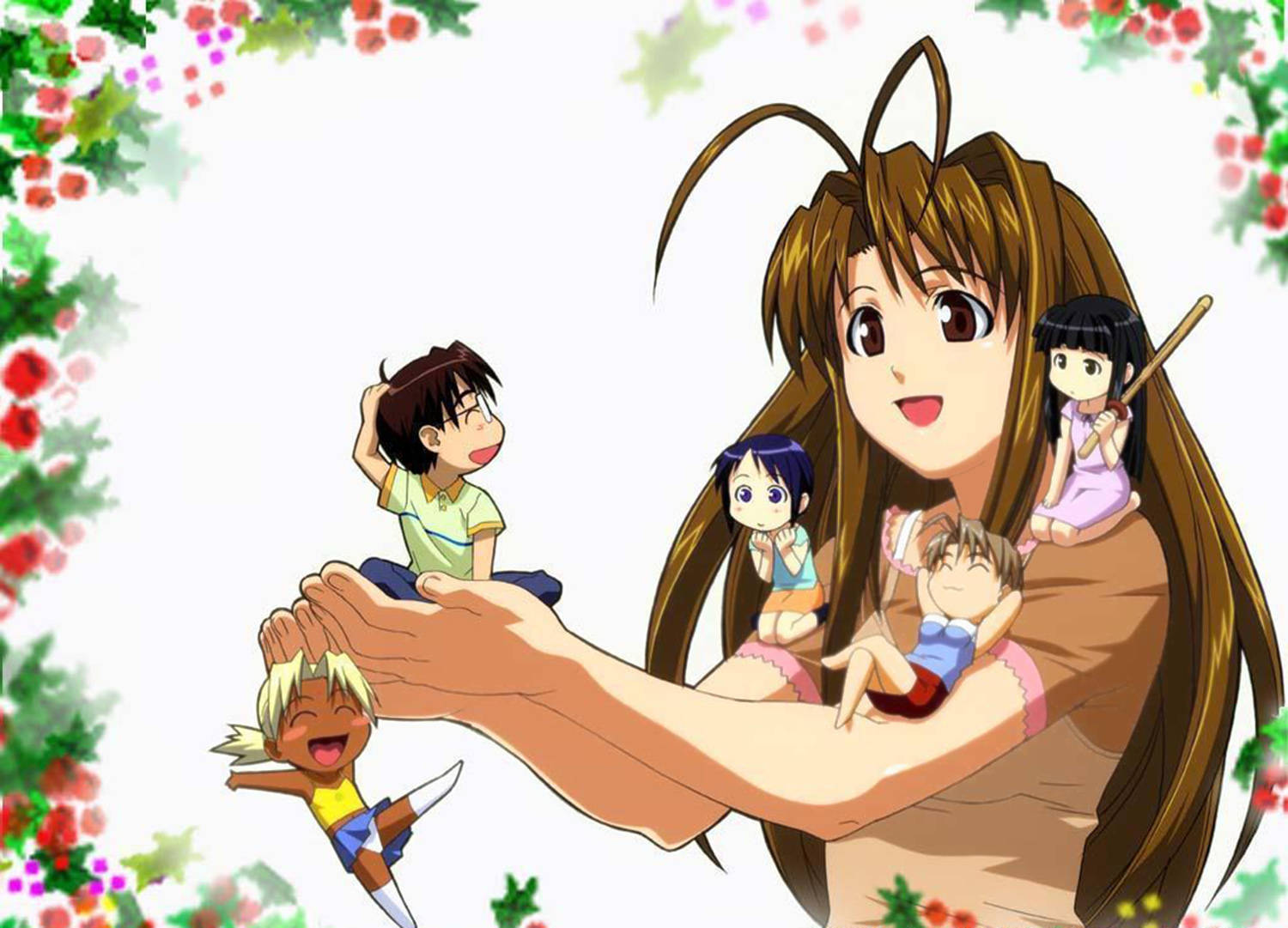 Hina 桌布 壁紙 — 一個開朗的動漫女孩，長長的棕色頭髮，在花卉邊框前用她的手臂和手抱著小孩子。
