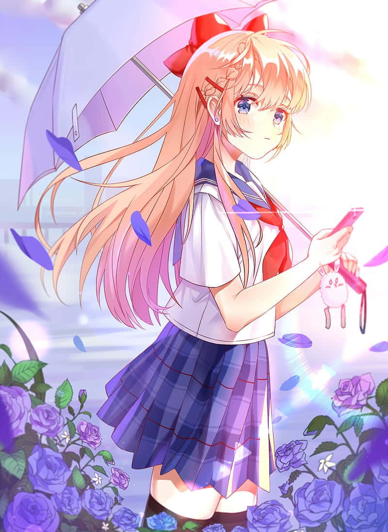 Umbrella 桌布 壁紙 — 一個開朗的動漫女孩，長長的橙色頭髮和紅色蝴蝶結，在飄落的藍色花瓣和盛開的紫色玫瑰中，拿著紫色雨傘和手機。