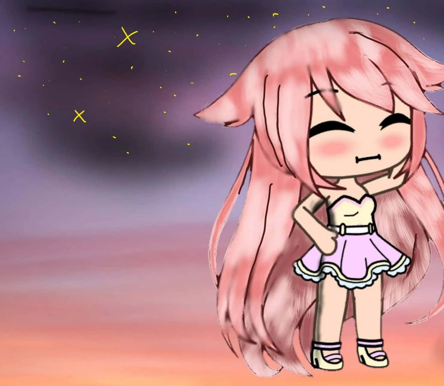 Gacha Life 桌布 壁紙 — 一個開朗的動漫女孩，長長的粉紅色頭髮，站在點綴著閃爍星星的暮色天空下。