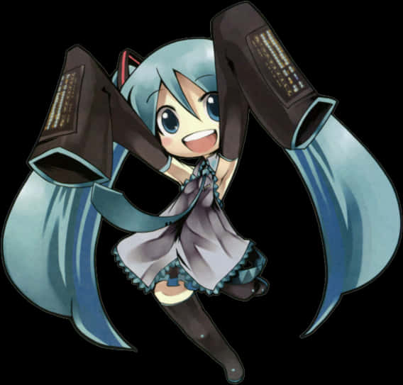 Vocaloid 桌布 壁紙 — 一個開朗的動漫女孩，長長的藍色頭髮和超大耳機，在黑色背景上燦爛地微笑。