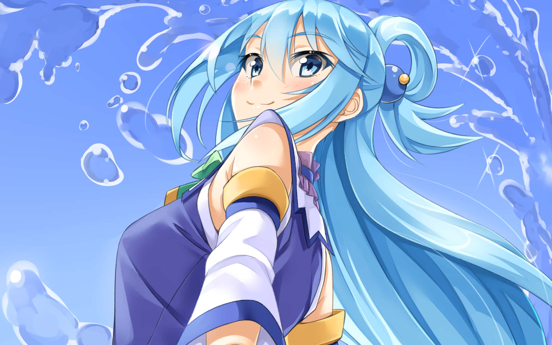 Konosuba 桌布 壁紙 — 一個開朗的動漫女孩，長長的藍色頭髮和藍色衣服，在明亮的藍色背景下微笑，周圍水花四濺。