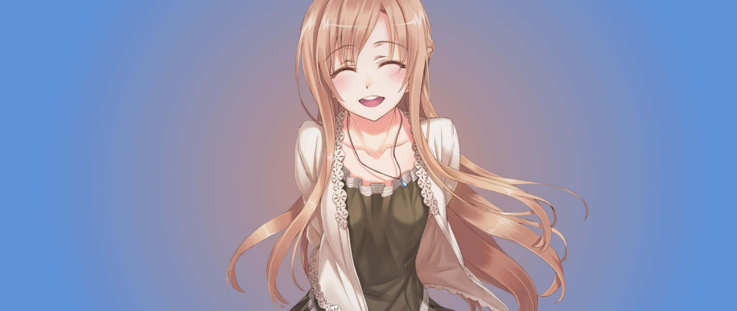 Yuuki Asuna 桌布 壁紙 — 一個開朗的動漫女孩，長長的金色頭髮，在柔和的藍色漸變背景上溫暖地微笑。