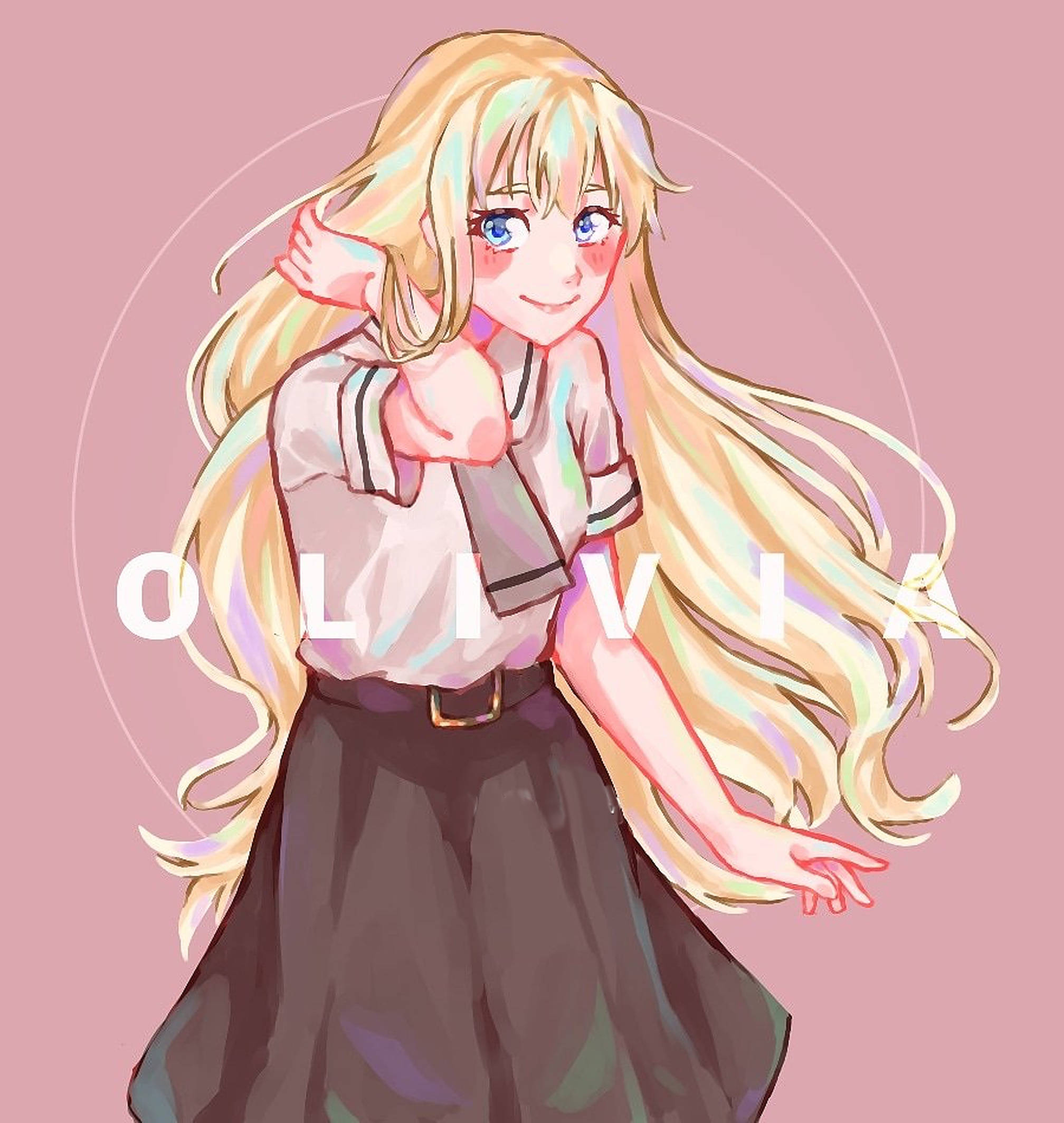asobi asobase 桌布 壁紙 — 一個開朗的動漫女孩，長長的金色頭髮和藍色眼睛，在柔和的粉紅色背景前微笑擺姿勢。