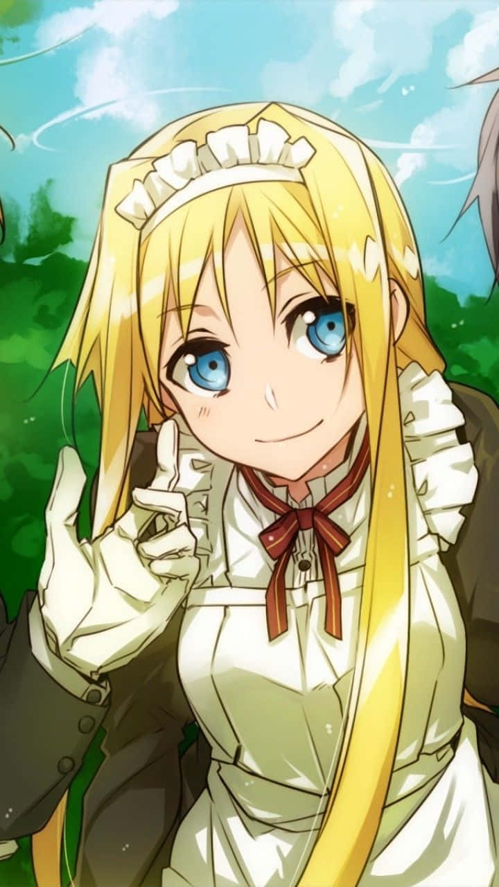 Alice Zuberg 桌布 壁紙 — 一個開朗的動漫女孩，長長的金髮和藍眼睛，在明亮的戶外環境中微笑著做出和平手勢。