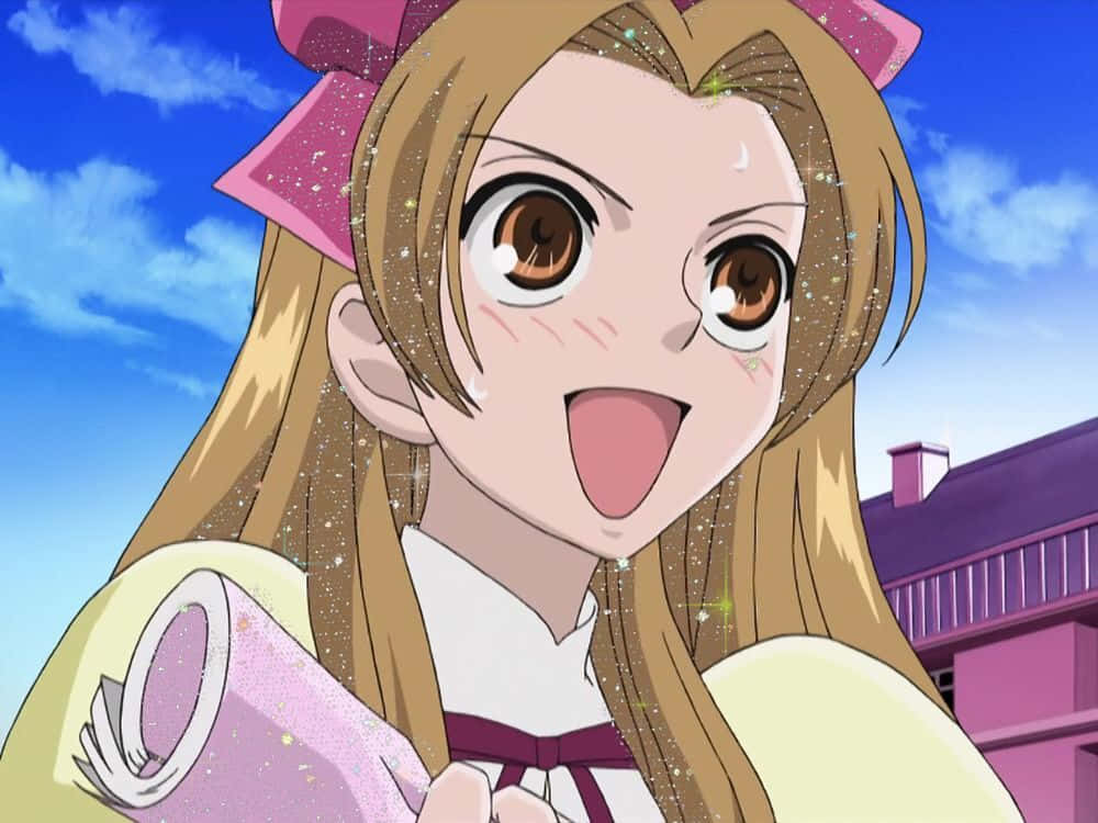 Renge Houshakuji 桌布 壁紙 — 一個開朗的動漫女孩，長長的金髮和粉紅色蝴蝶結，在明亮的藍天下閃爍著光芒。