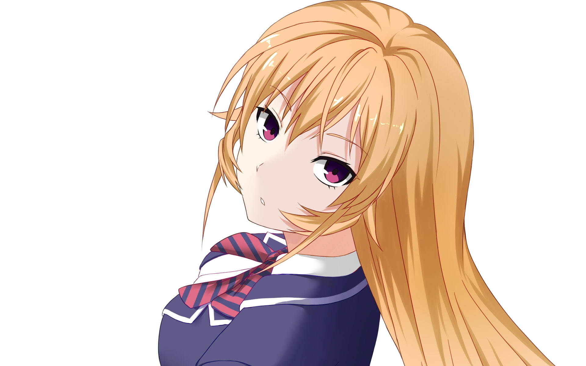 food wars shokugeki no soma 桌布 壁紙 — 一個開朗的動漫女孩，長長的金髮和紫色的眼睛，穿著水手服，在純白色背景前微笑。