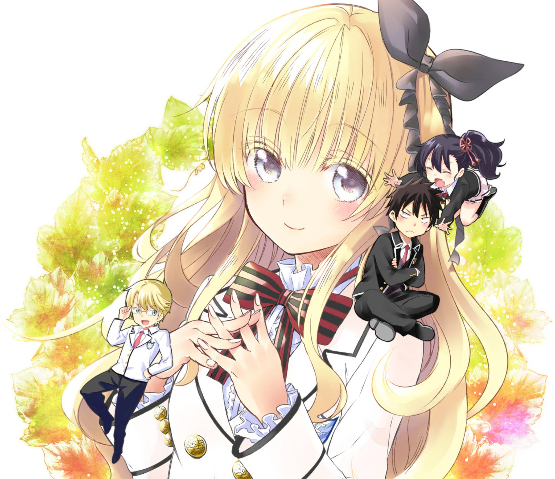 boarding school juliet 桌布 壁紙 — 一個開朗的動漫女孩，長長的金髮和黑色蝴蝶結微笑著，三個較小的同學頑皮地棲息在她的頭髮和肩膀上，背景是閃爍的秋葉。