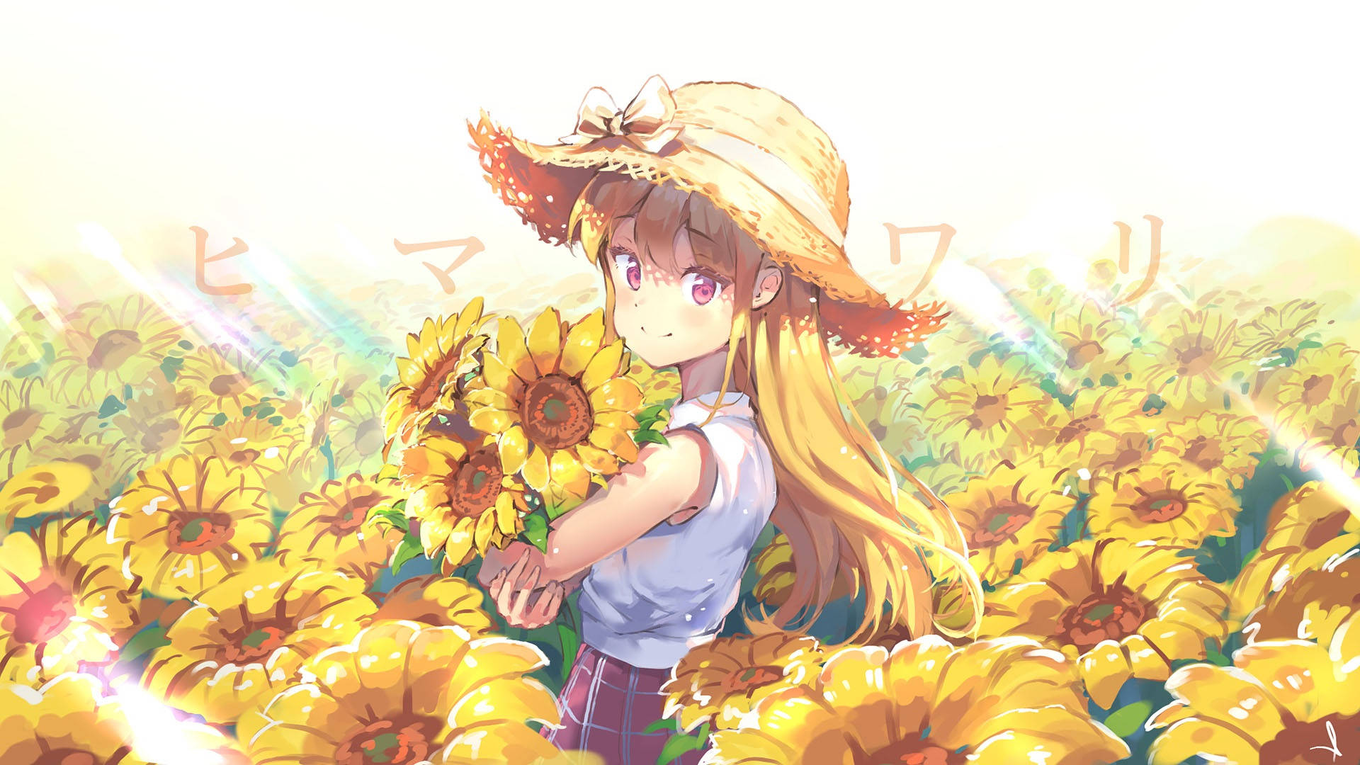 動漫女孩 桌布 壁紙 — 一個開朗的動漫女孩，長長的金髮和草帽，在溫暖的陽光下，在明亮的金色田野中捧著一束向日葵。
