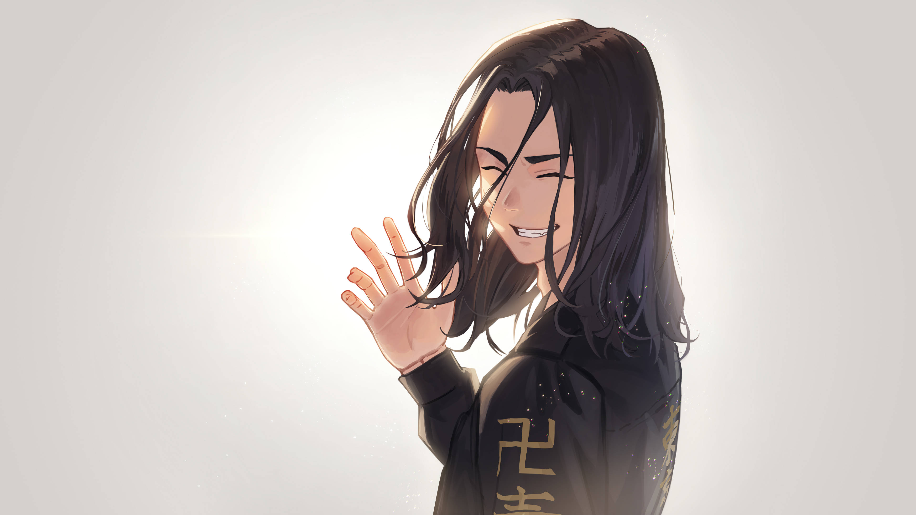 動漫男孩 桌布 壁紙 — 一個開朗的動漫女孩，長長的黑髮，在柔和發光的背景下熱情地揮手。