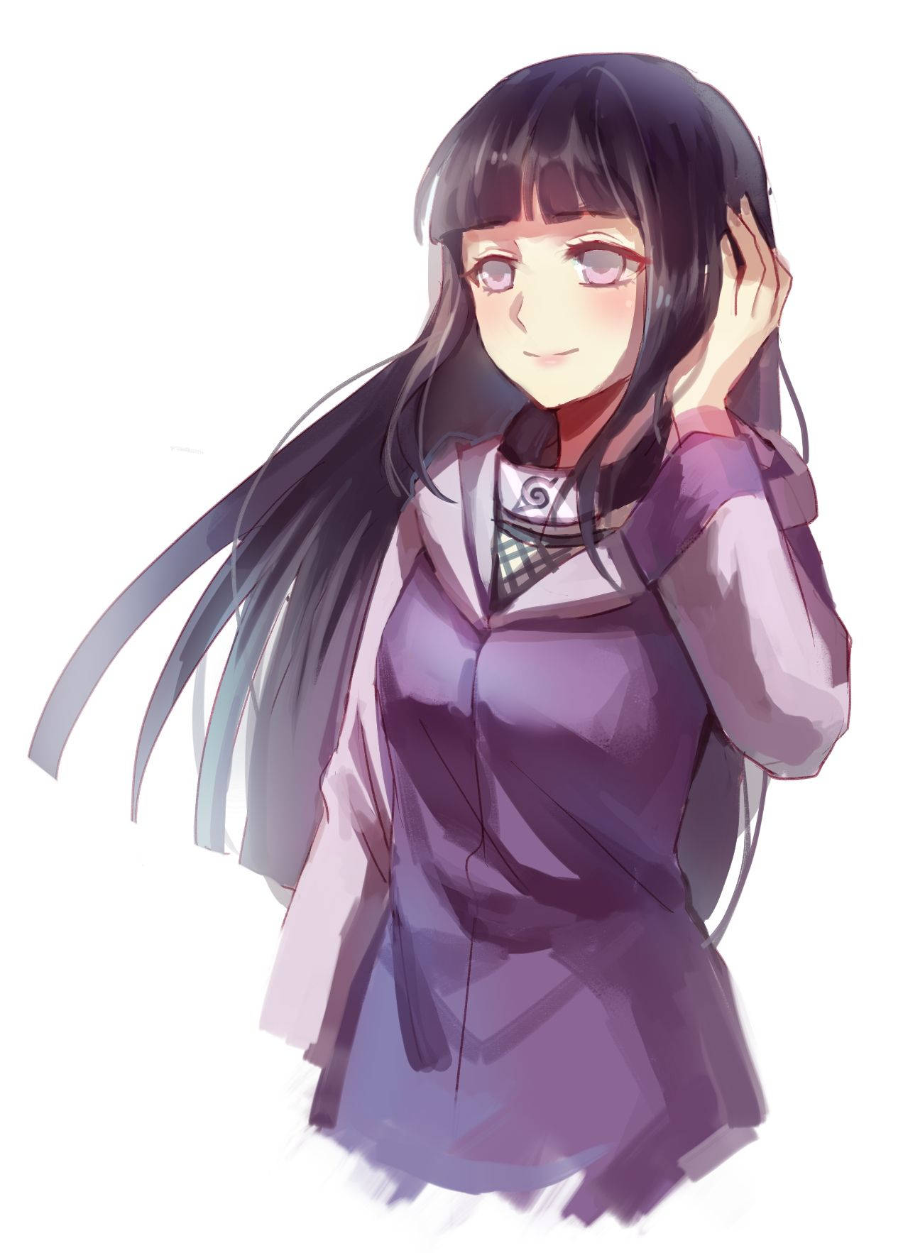 Hinata Hyuga 桌布 壁紙 — 一個開朗的動漫女孩，長長的黑髮和紫色的眼睛，穿著柔軟的紫色服裝，微笑著觸摸她的耳朵。