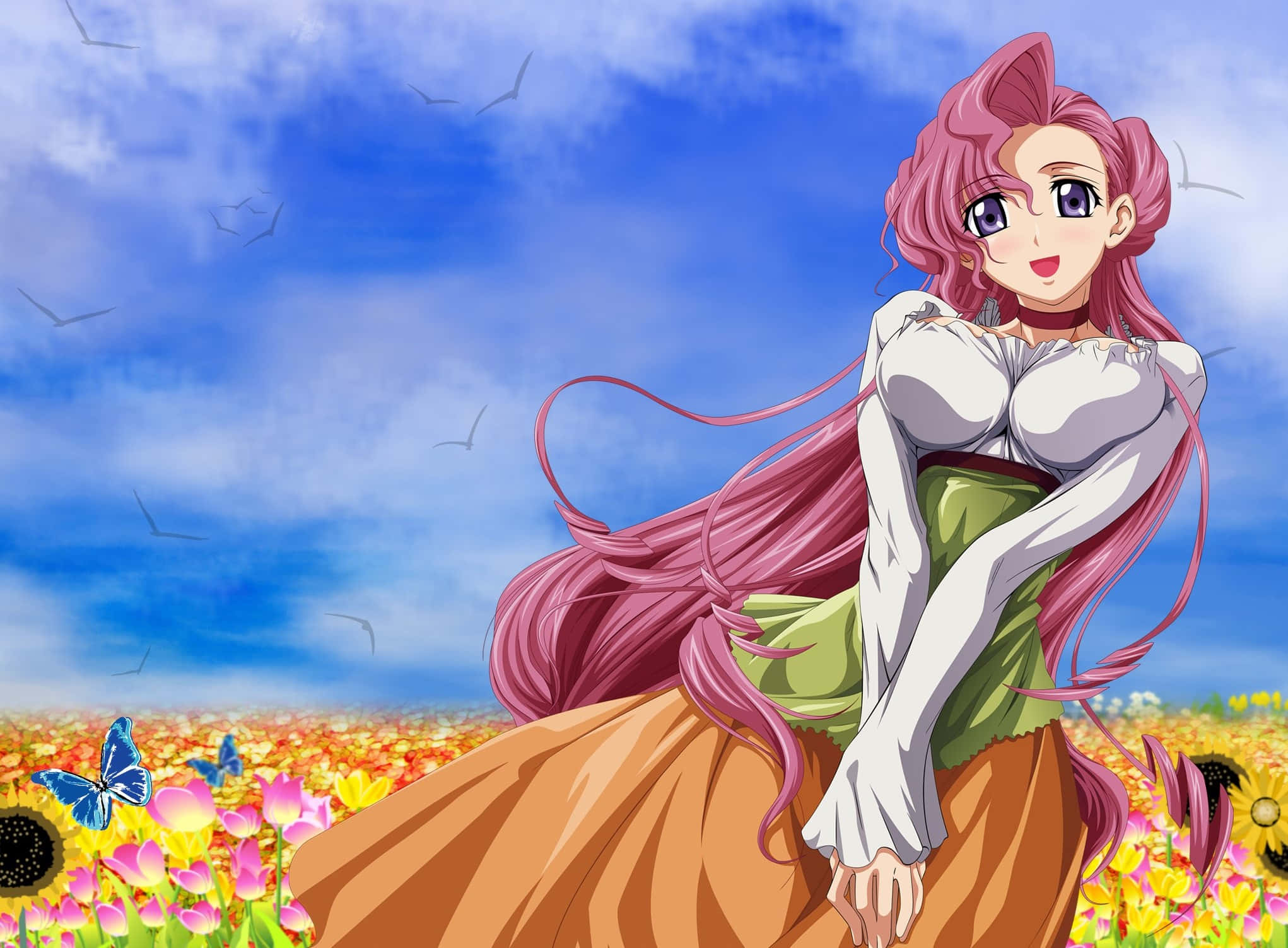 Euphemia Li Britannia 桌布 壁紙 — 一個開朗的動漫女孩，長長粉紅色頭髮，坐在充滿活力的向日葵和鬱金香花田裡，頭頂是明亮的藍天，鳥兒飛翔。