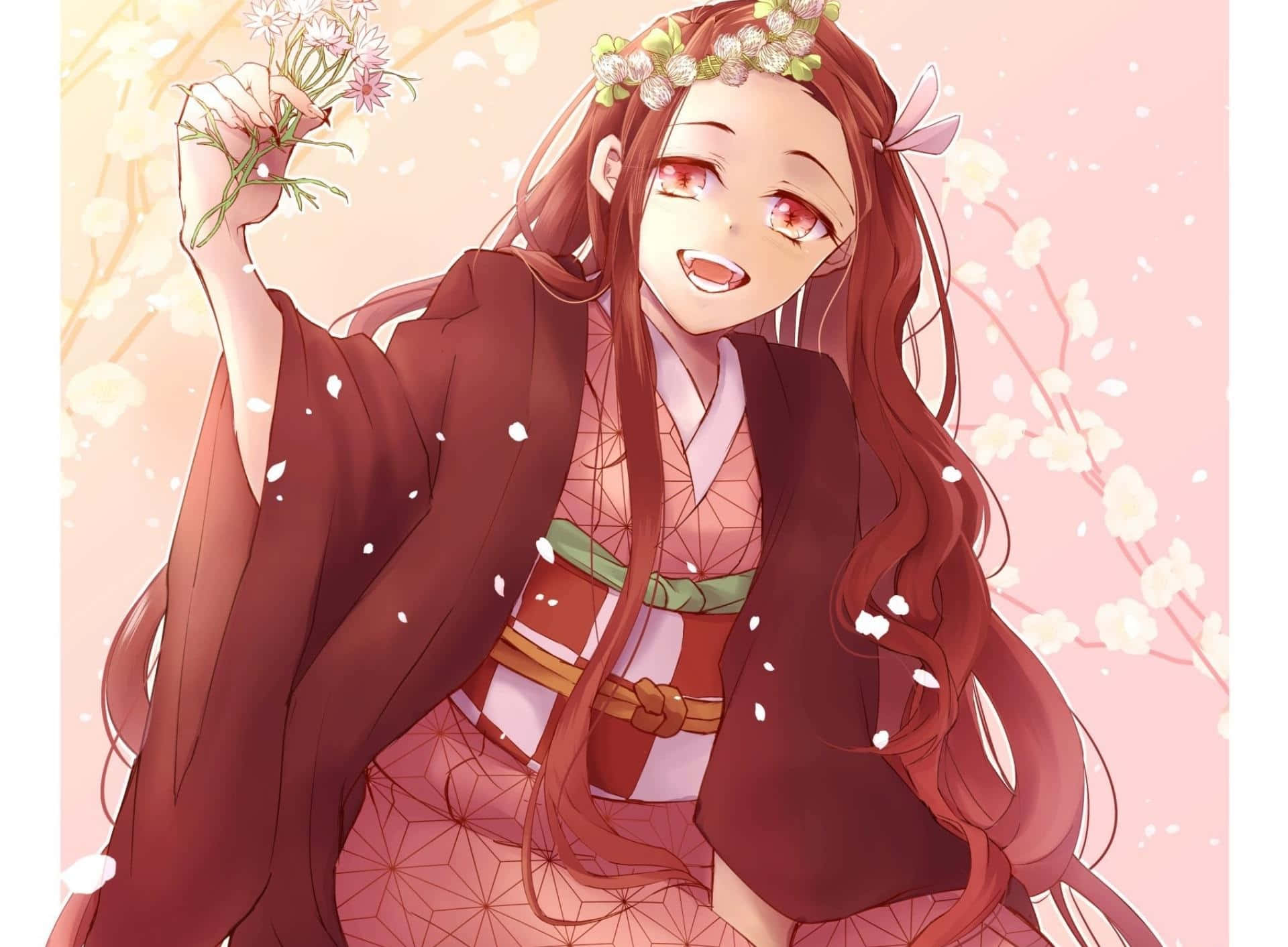 穿著和服的動漫女孩手持櫻花，粉紅色背景 — 禰豆子 GIF 壁紙
