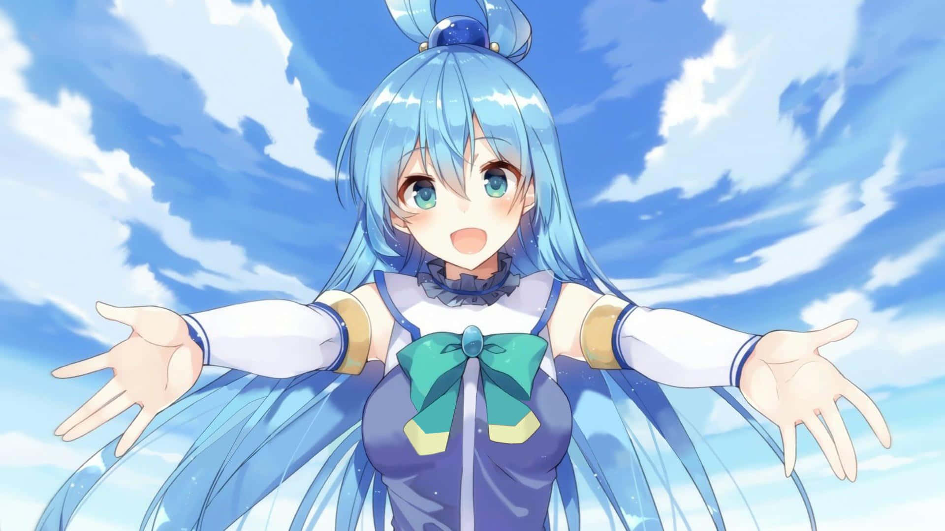 Konosuba 桌布 壁紙 — 一個開朗的動漫女孩，長長藍色頭髮和藍色連衣裙，張開雙臂站在明亮的藍天下，有蓬鬆的雲朵。