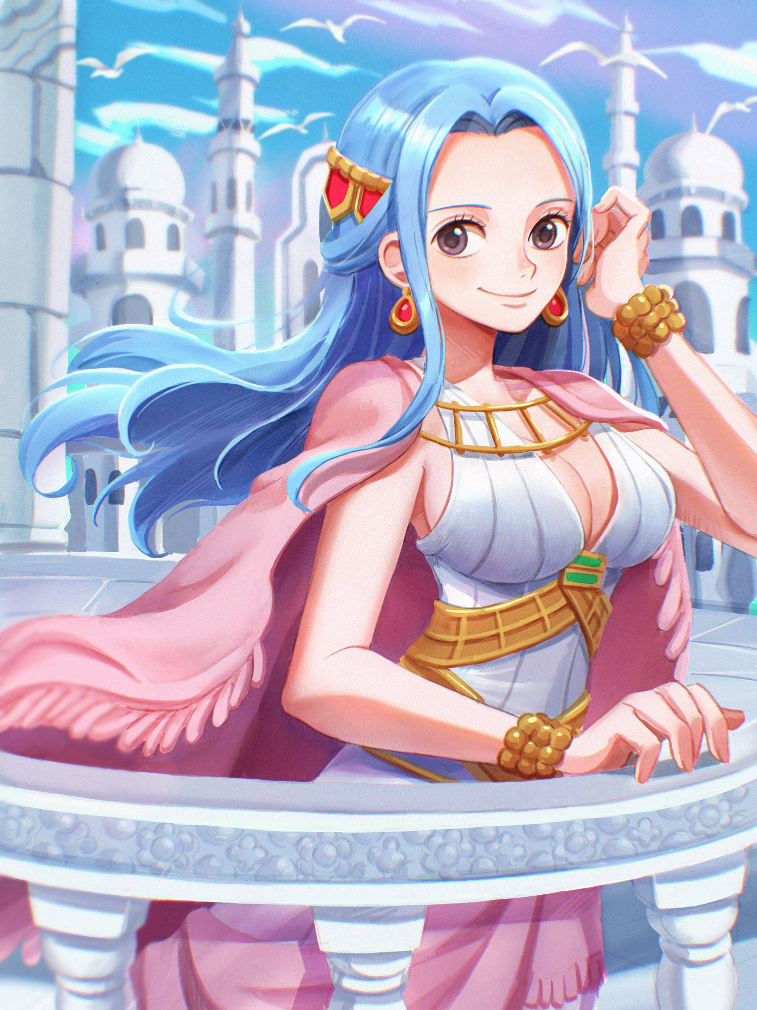 nefertari vivi 桌布 壁紙 — 一個開朗的動漫女孩，飄逸的藍色頭髮和粉紅色斗篷，微笑著靠在陽台上，俯瞰著白色圓頂城市。