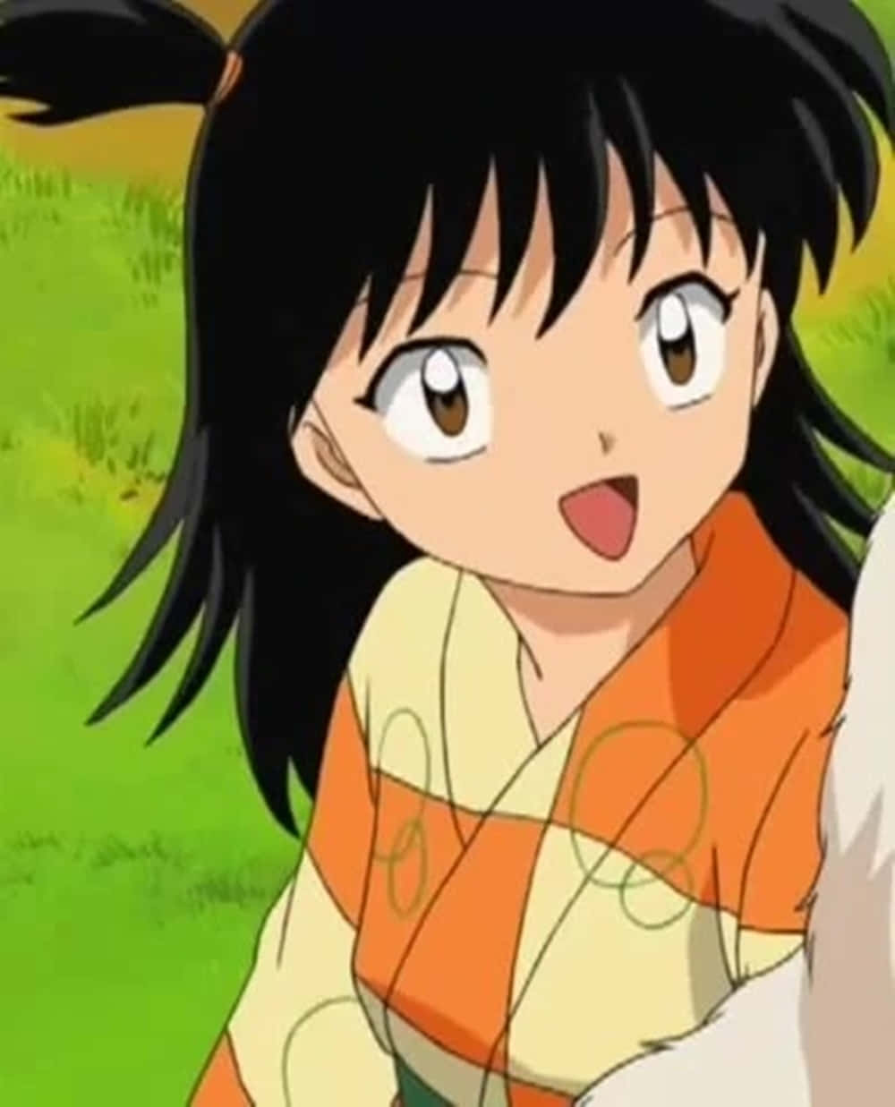 Inuyasha Rin 桌布 壁紙 — 一個開朗的動漫女孩，黑色雙馬尾和大眼睛，在充滿活力的綠色田野中燦爛微笑。