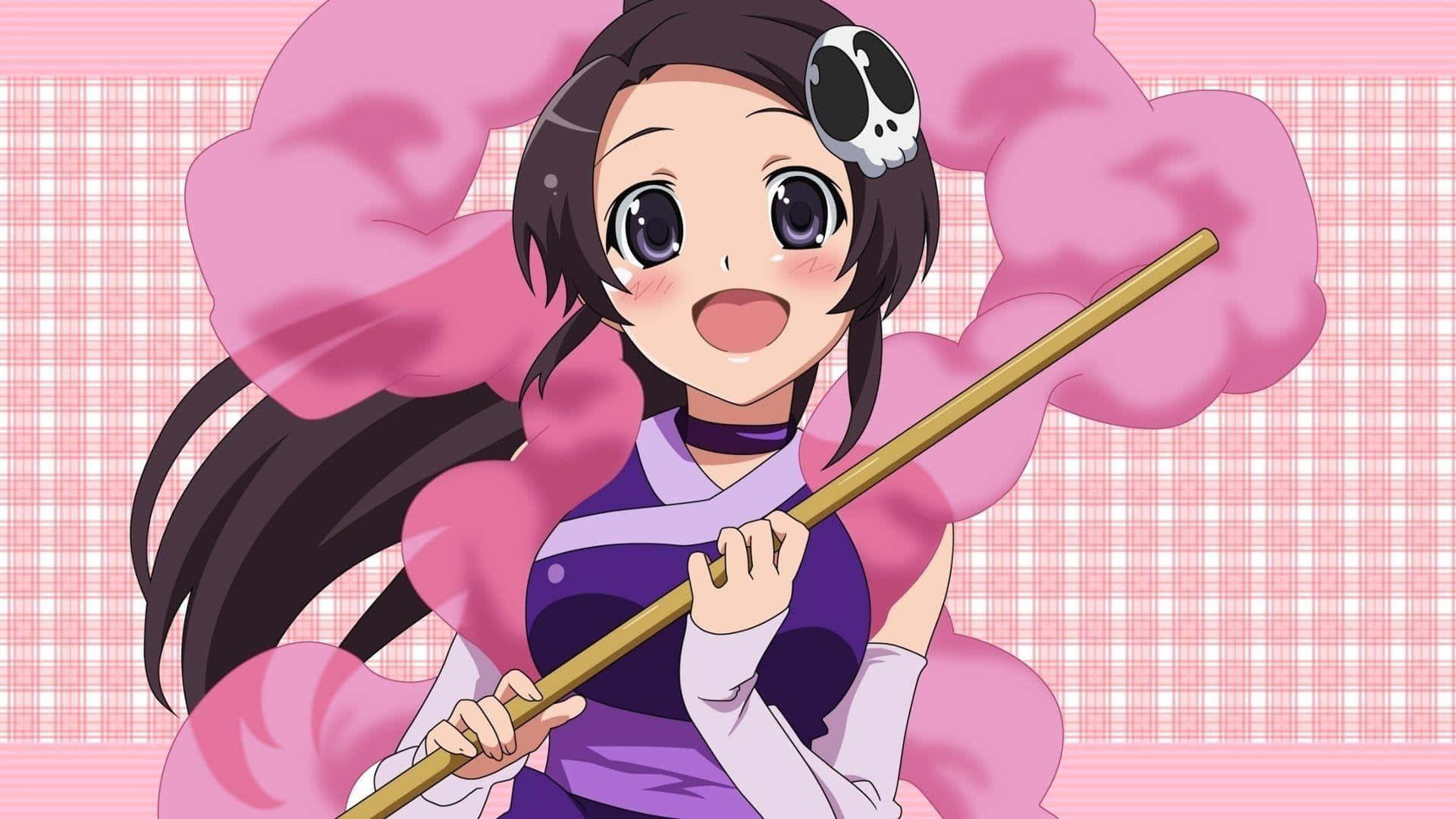 動漫 桌布 壁紙 — 一個開朗的動漫女孩，黑髮上別著骷髏頭髮夾，手持法杖，被粉紅煙霧環繞，背景是粉紅格子圖案。