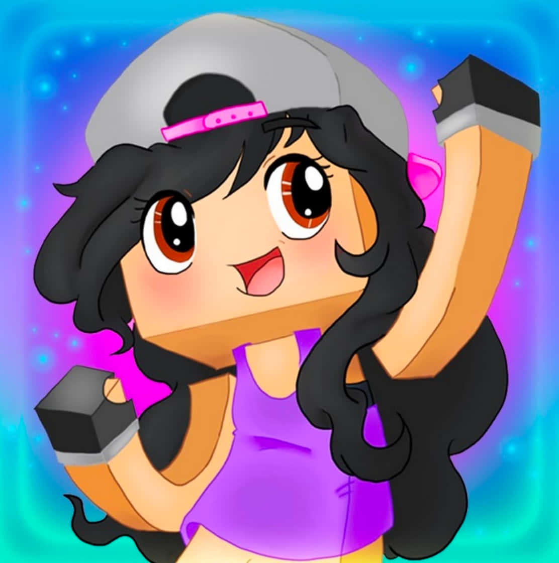 Aphmau 桌布 壁紙 — 一個開朗的動漫女孩，黑髮戴灰色帽子，在發光的藍色和紫色背景前舉啞鈴。
