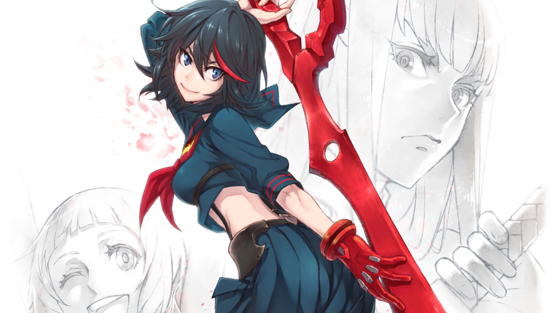 Kill La Kill 桌布 壁紙 — 一個開朗的動漫女孩，黑髮藍眼，在草圖風格的面孔背景下揮舞著一把巨大的紅色劍。